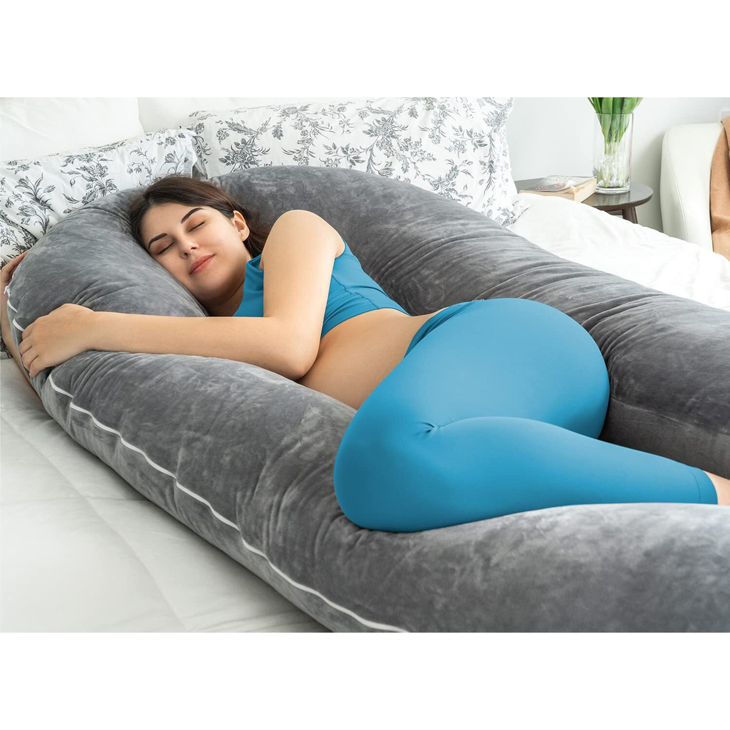 Queen Rose Pregnancy Pillows For Sleeping, U Shaped Body Pillow For Pregnancy, 65 Inch Maternity Pillow For Tall Pregnant Women With Gray Velvet Cover