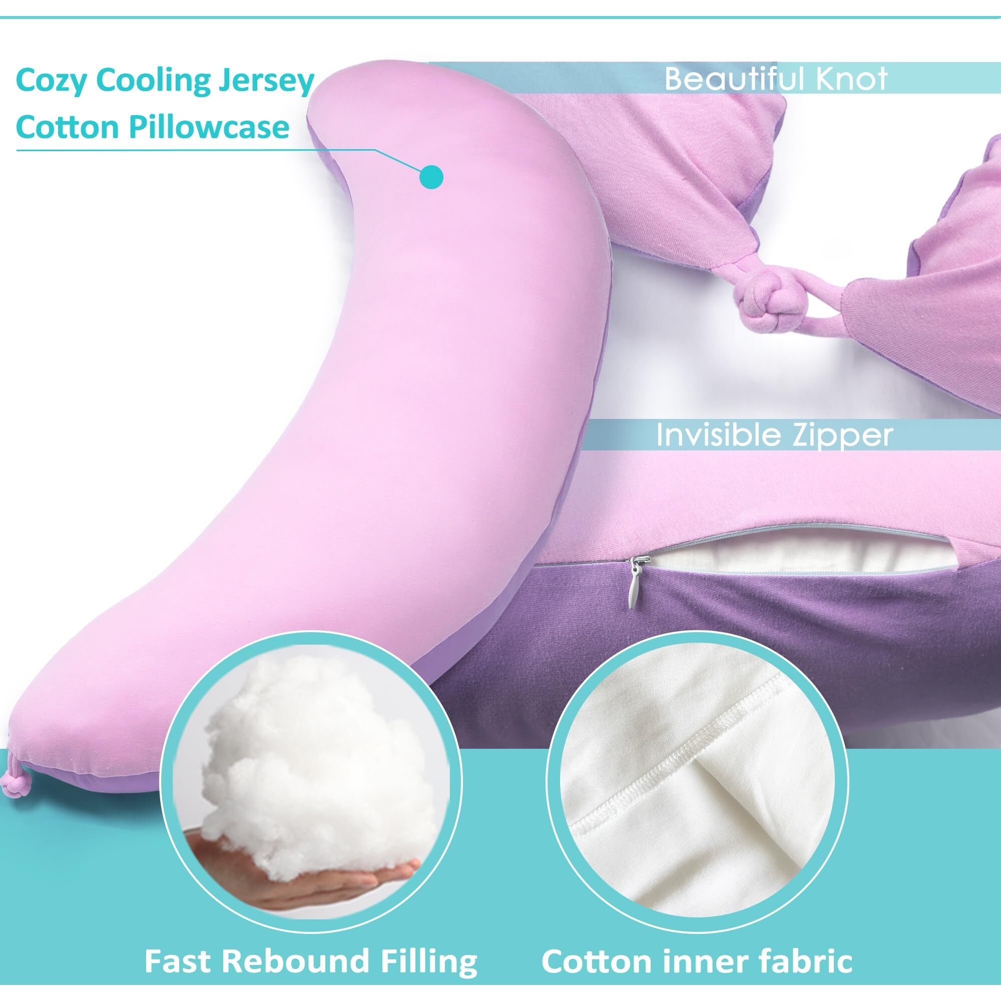 Byriver 39"" Pink Purple Cute Body Pillow For Women Girl Side Sleepers, C Shaped Pregnancy Pillow, Anxiety Relief Hugging Pillow For Adults, 100% Cotton Pillow Cover, Gifts For New Mom (Zi-L)