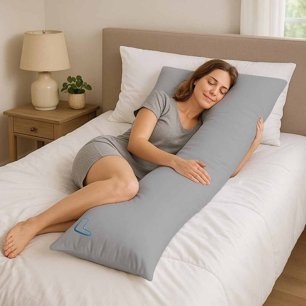 The Snuggl Doctor Designed Long Body L Shaped Body Support Pillow For Side Sleepers And Pregnancy With Hypoallergenic Cool Gel Fibers, Back Support And Knee Pillow (Includes 2 Pillowcases)