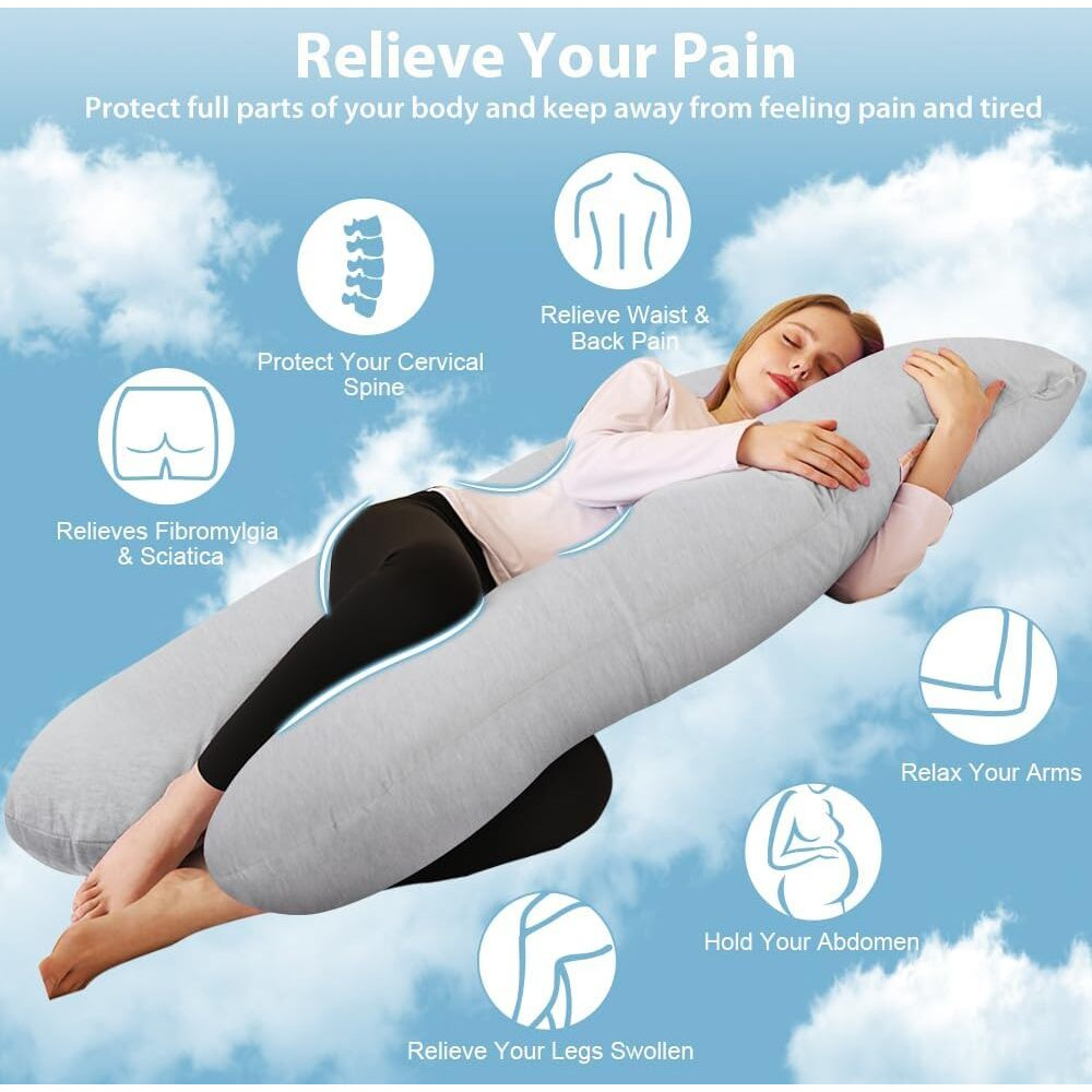 Chilling Home Pregnancy Pillow, 55In Pregnancy Pillows For Sleeping, U Shape Body Pillows For Adults, Maternity Pillow For Pregnant Women, With Grey Jersey Cotton Removable Cover