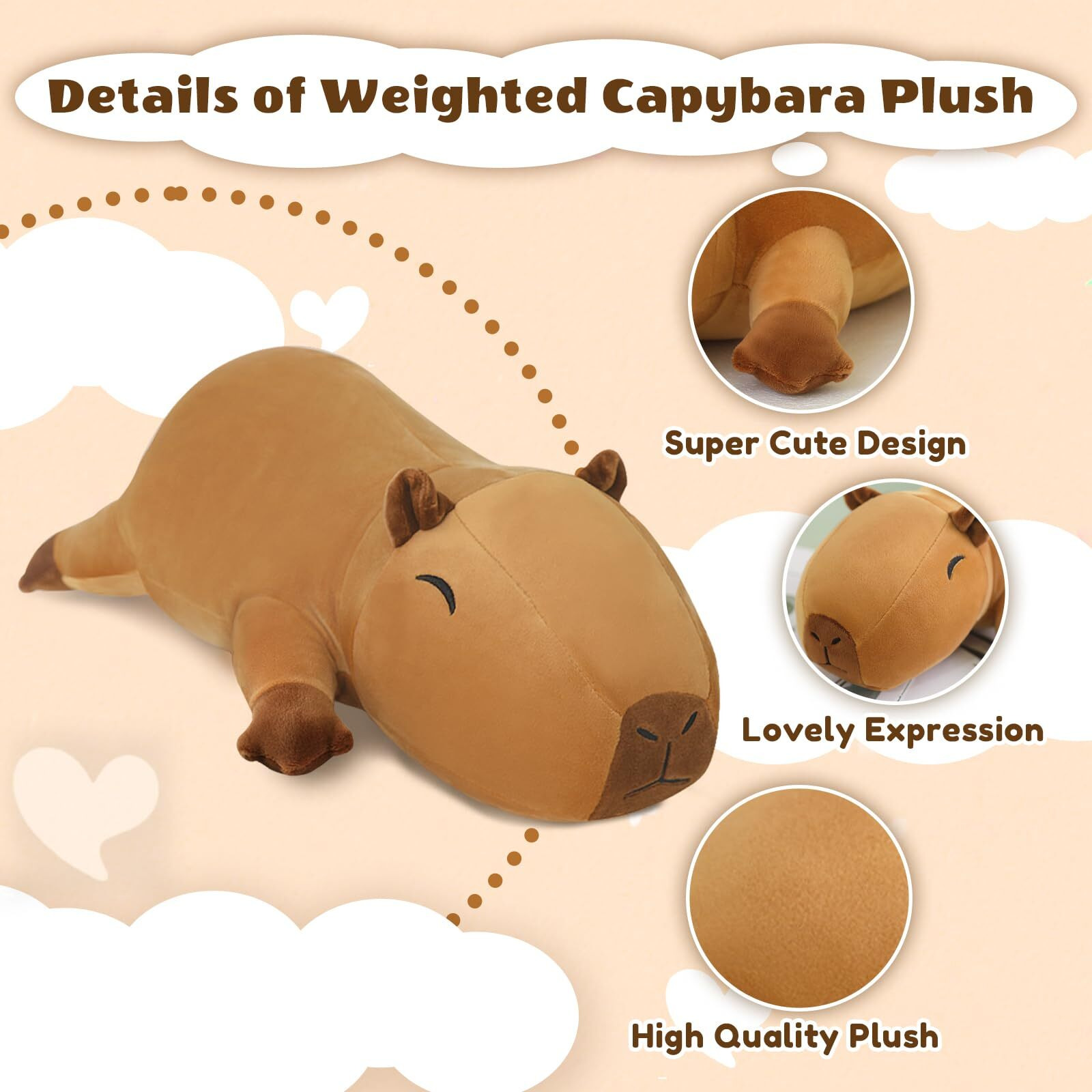 Finebee Weighted Capybara Stuffed Animals, Cute Weighted Capybara Plush, Soft Stuffed Weighted Plushie Pillow Gifts For Girls Boys(13.8"" 1.6Lbs)