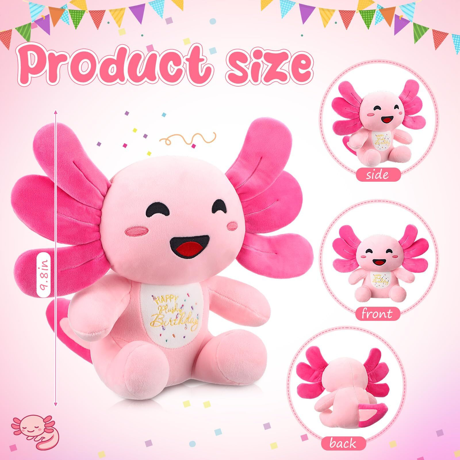 Hydren 10 Inch Happy Plushy Birthday Pink Axolotl Gift Soft Cute Stuffed Animal Pillow Kawaii Gifts For Kids Girls Christmas Party Favor Bedroom Home Decor