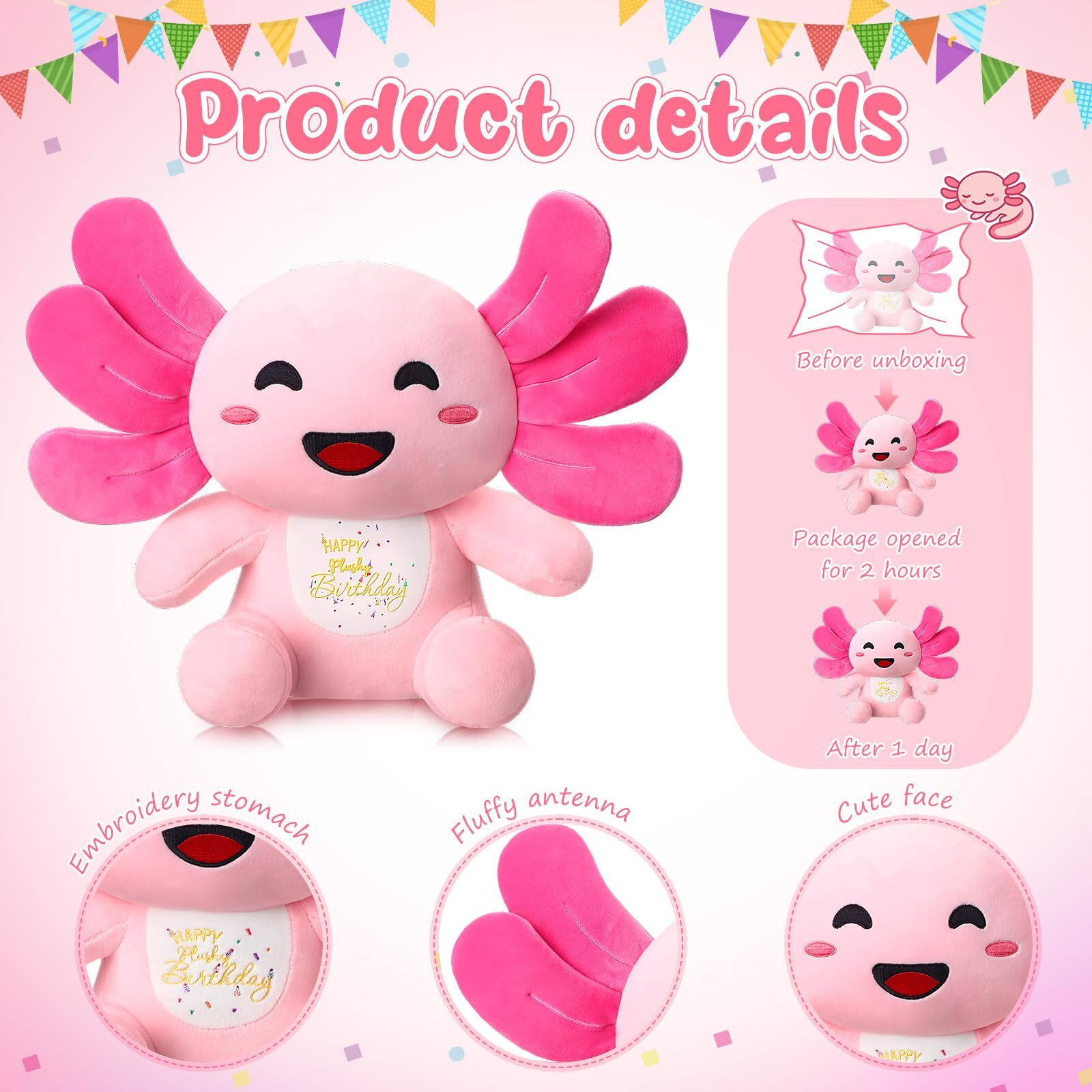 Hydren 10 Inch Happy Plushy Birthday Pink Axolotl Gift Soft Cute Stuffed Animal Pillow Kawaii Gifts For Kids Girls Christmas Party Favor Bedroom Home Decor