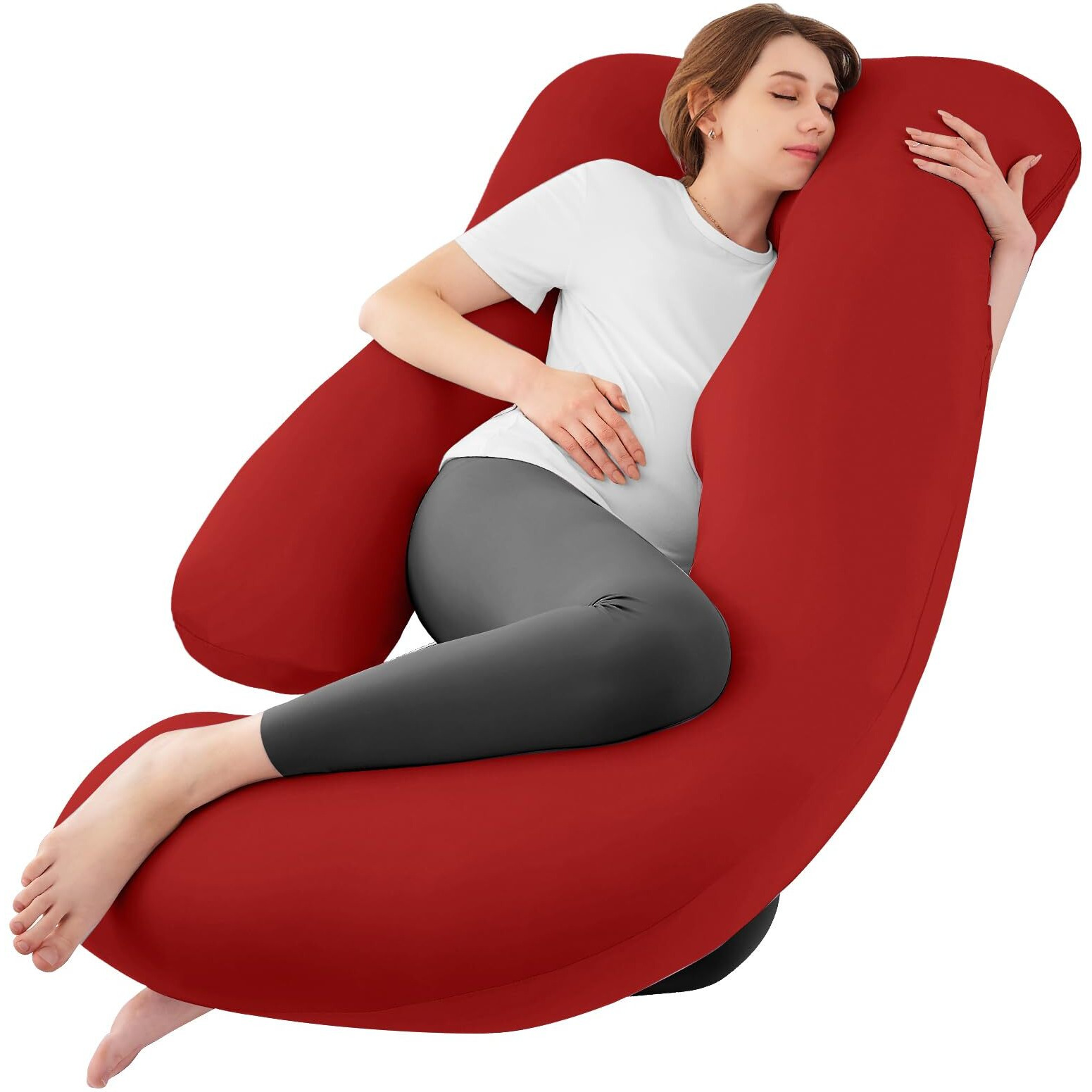 Sasttie Pregnancy Pillows For Sleeping, Jumbo U Shaped Cooling Full Body Pillow With Removable Cover, Pregnant Women Must Haves, Maternity Essential, Red