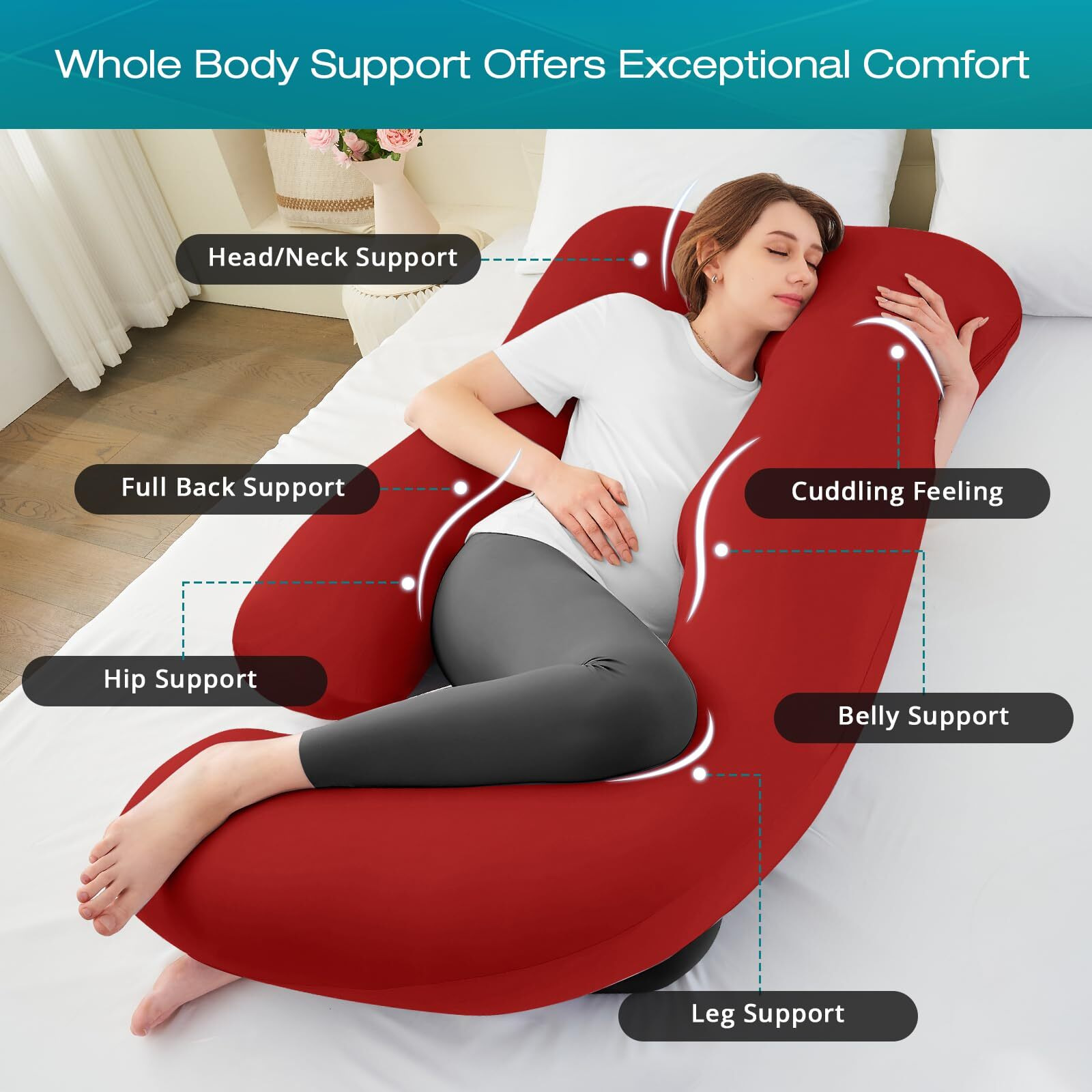 Sasttie Pregnancy Pillows For Sleeping, Jumbo U Shaped Cooling Full Body Pillow With Removable Cover, Pregnant Women Must Haves, Maternity Essential, Red