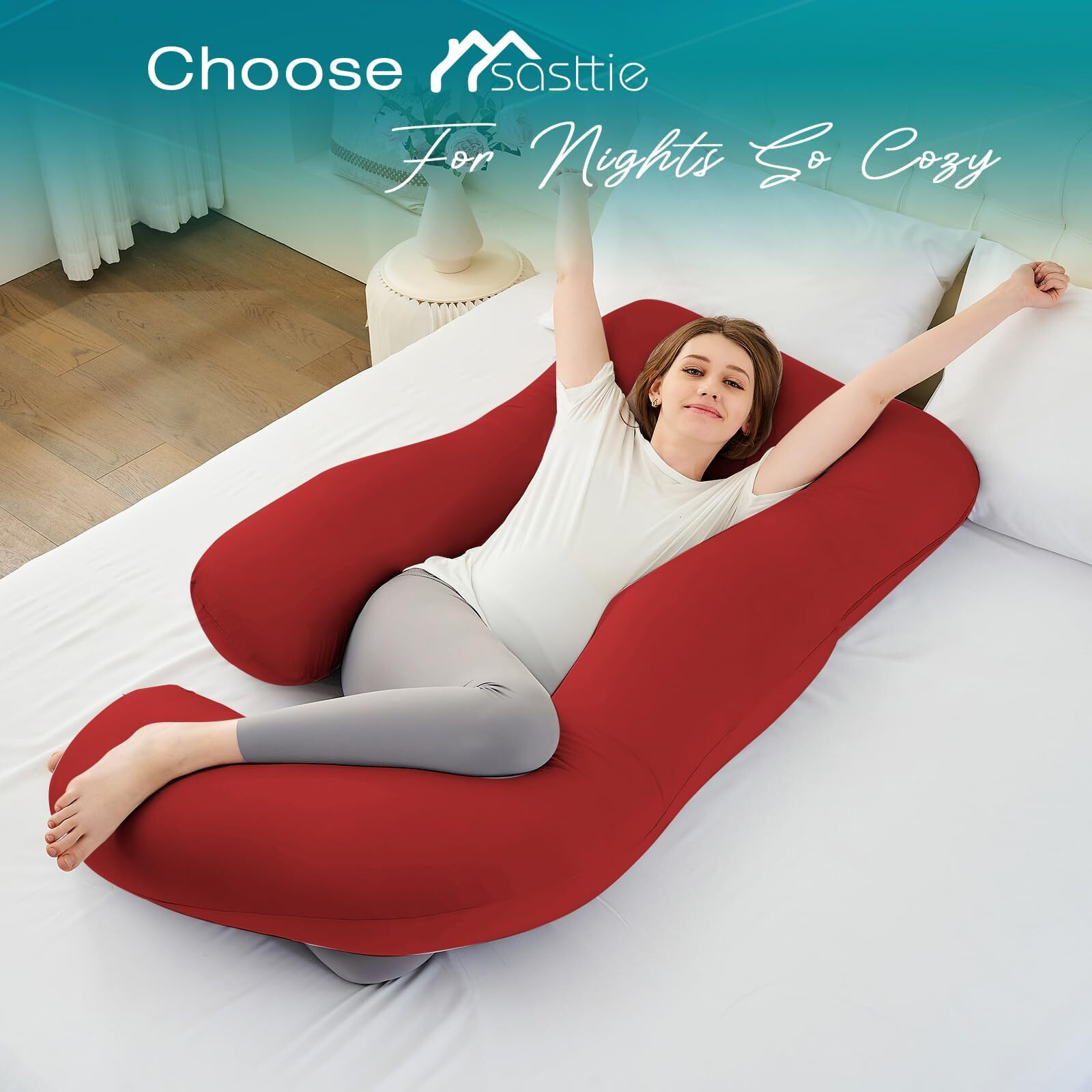 Sasttie Pregnancy Pillows For Sleeping, Jumbo U Shaped Cooling Full Body Pillow With Removable Cover, Pregnant Women Must Haves, Maternity Essential, Red