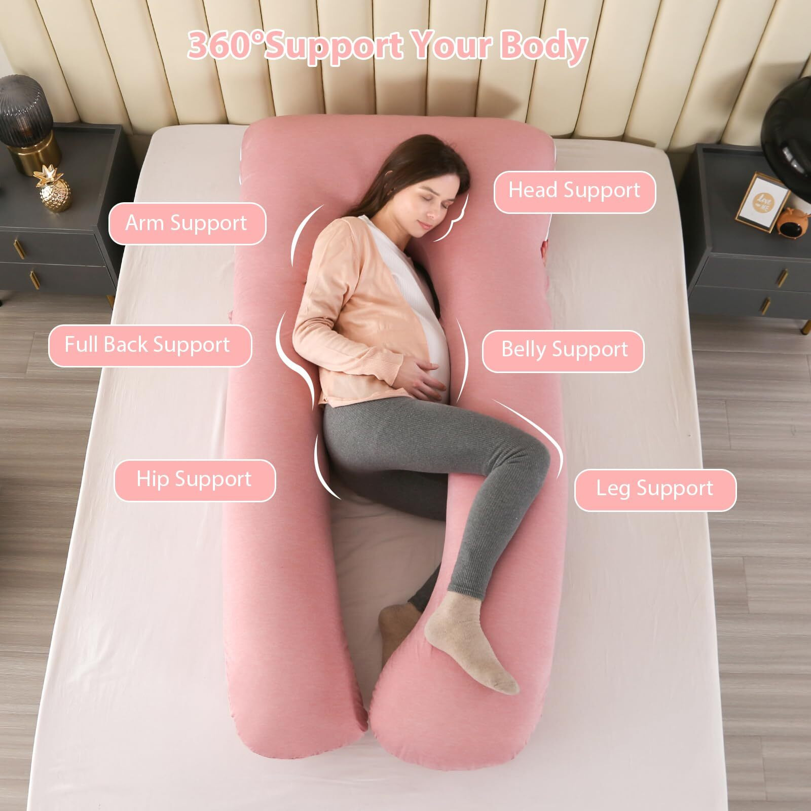 Amagoing Cooling Pregnancy Pillow For Sleeping, U Shaped Maternity Full Body Pillow For Women With Hip, Leg, Back Pain Support, Removable Cooling Cover Included (Pink)