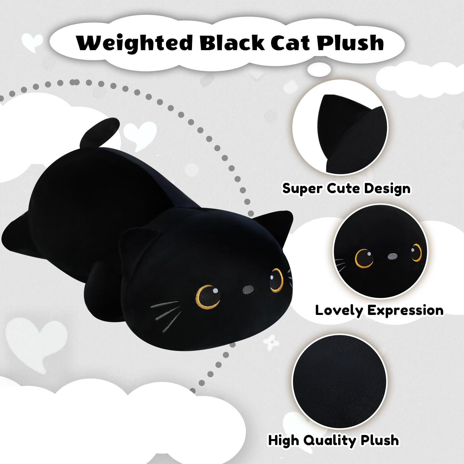 Finebee Weighted Black Cat Stuffed Animals, Cute Weighted Black Cat Plush, Soft Stuffed Weighted Plushie Pillow Gifts For Girls Boys(23.6"" 3.1Lbs)