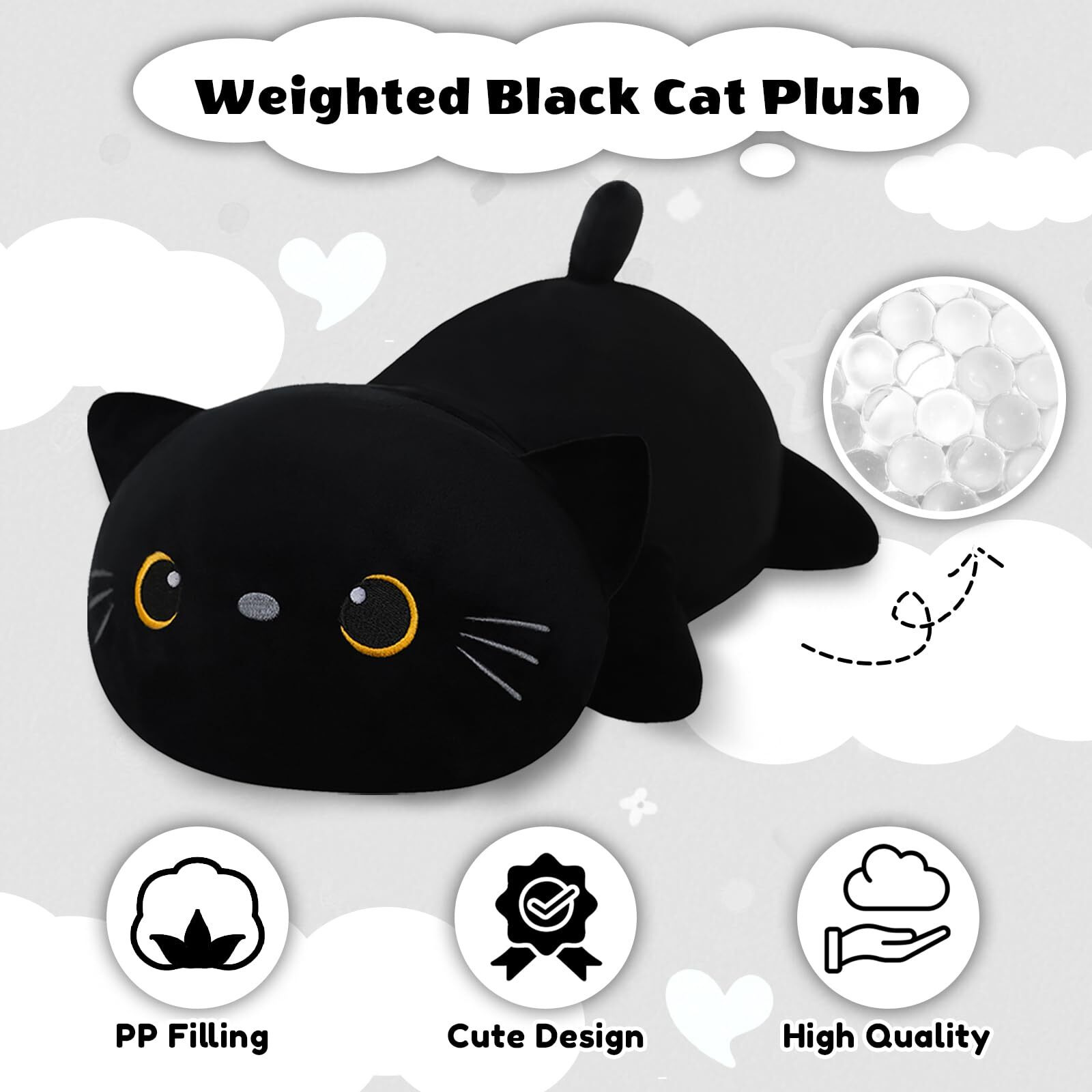 Finebee Weighted Black Cat Stuffed Animals, Cute Weighted Black Cat Plush, Soft Stuffed Weighted Plushie Pillow Gifts For Girls Boys(23.6"" 3.1Lbs)