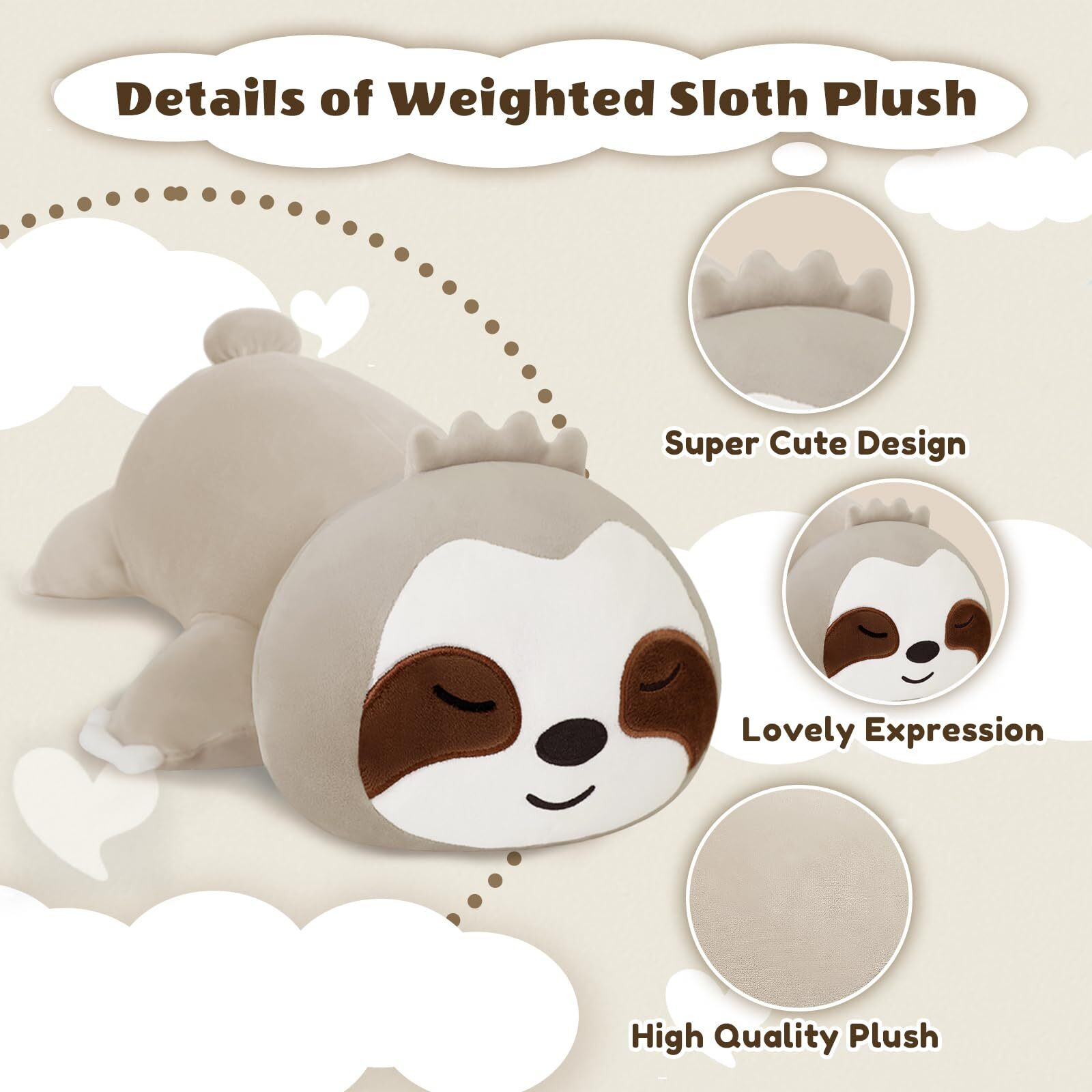 Finebee Weighted Sloth Stuffed Animals, Cute Weighted Sloth Plush, Soft Stuffed Weighted Plushie Pillow Gifts For Girls Boys(9.8"" 0.8Lbs)