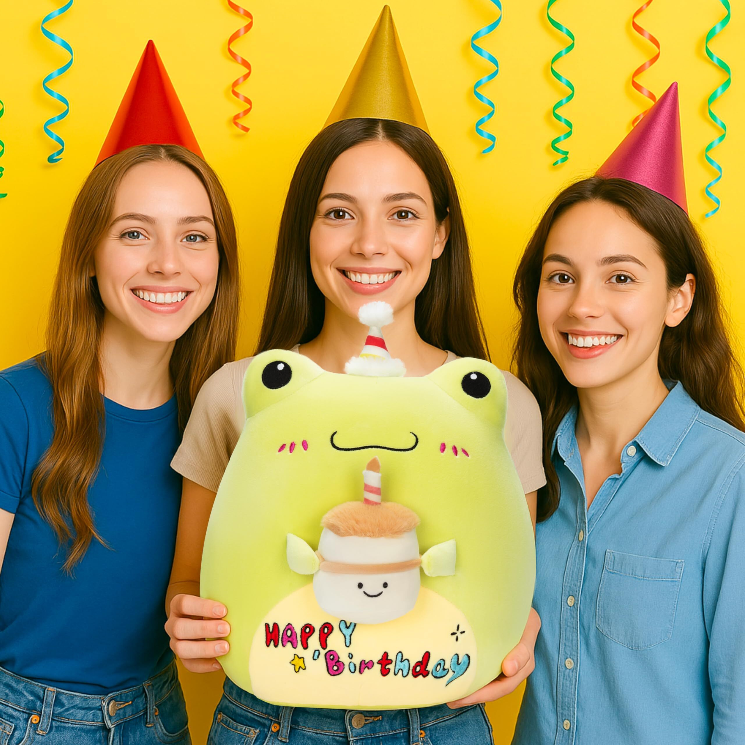 Playnics Original 14-Inch Large Happy Birthday Frog Plush Pillow Stuffed Animal Toy,Big Size Cute Soft Toys Fat Kawaii Cuddle Huggable Plushie,Gift For Kids