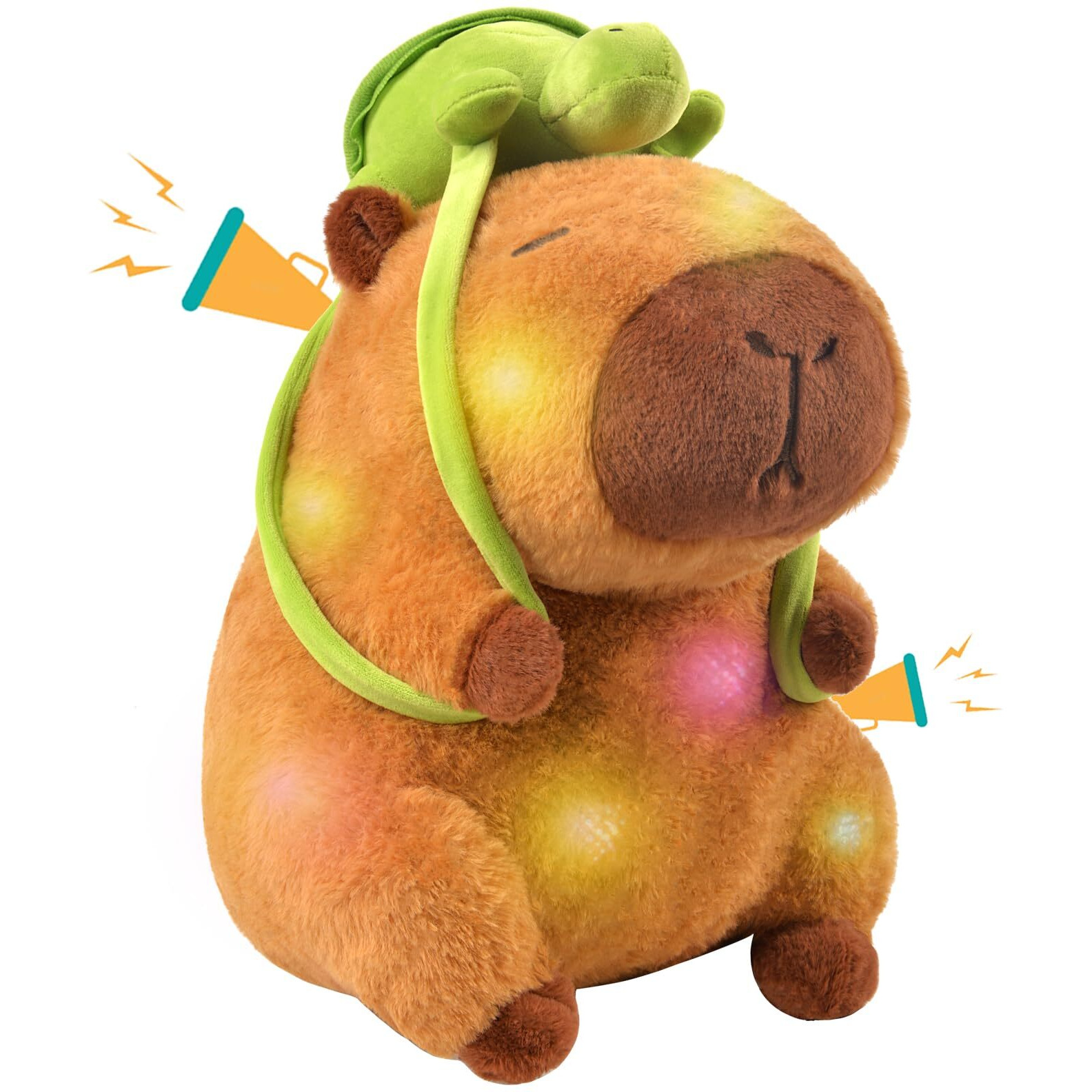 Capybara Plush Stuffed Animal Toy - 13"" Light Up & Plays Real Capybara Sounds Plushie With Wearable Turtle Backpack, Cute Birthday Gifts, Funny Capybara Pillow Stuffies For Baby Girls Boys Kids