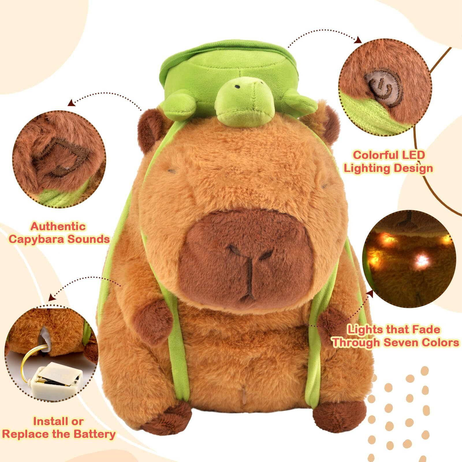 Capybara Plush Stuffed Animal Toy - 13"" Light Up & Plays Real Capybara Sounds Plushie With Wearable Turtle Backpack, Cute Birthday Gifts, Funny Capybara Pillow Stuffies For Baby Girls Boys Kids