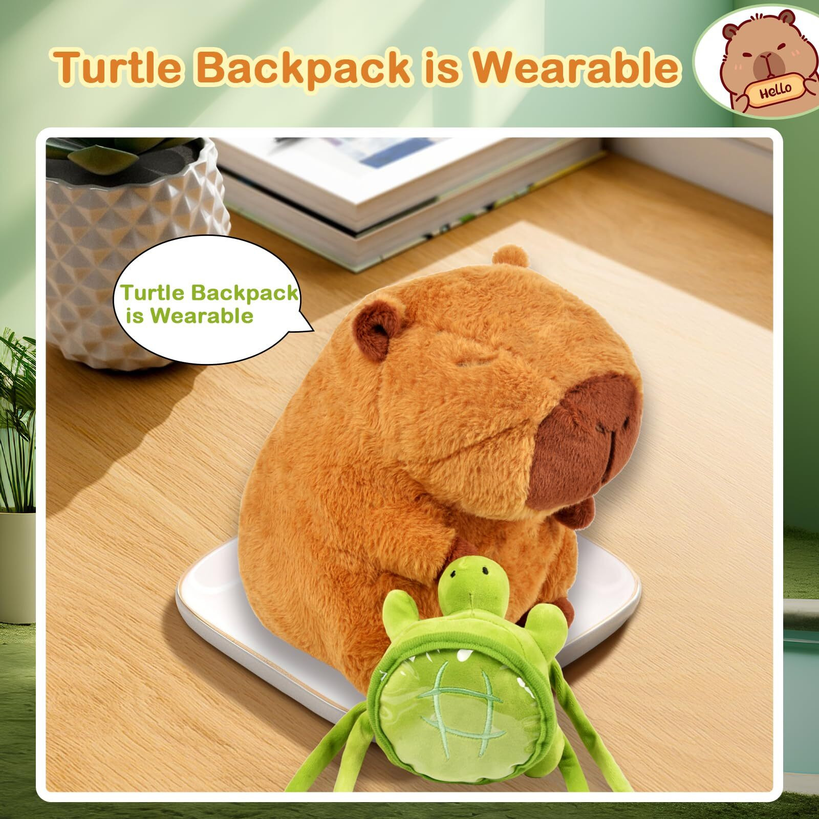 Capybara Plush Stuffed Animal Toy - 13"" Light Up & Plays Real Capybara Sounds Plushie With Wearable Turtle Backpack, Cute Birthday Gifts, Funny Capybara Pillow Stuffies For Baby Girls Boys Kids