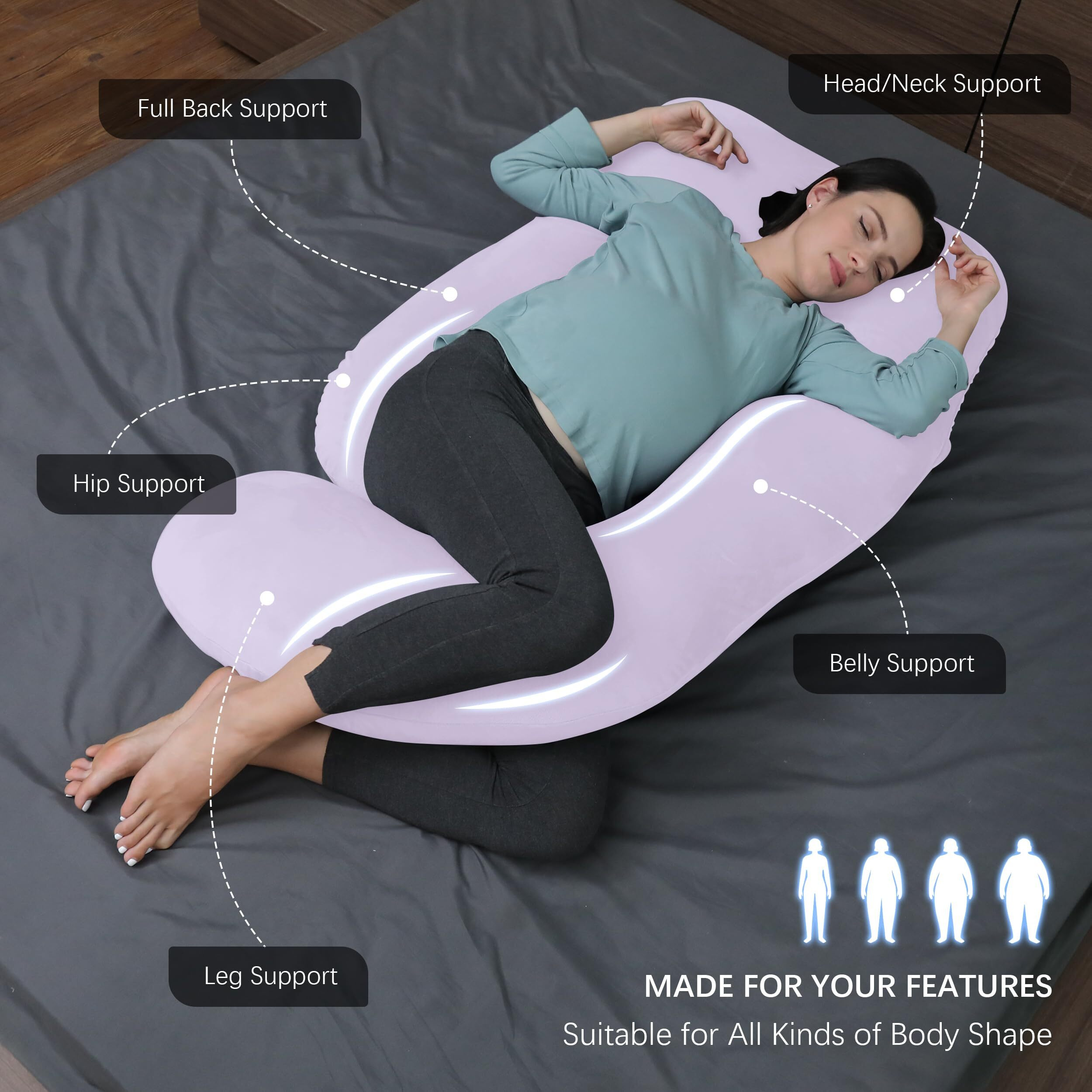 Moon Park Pregnancy Pillows For Sleeping - U Shaped Full Body Maternity Pillow With Removable Cover - Support For Back, Legs, Belly, Hips - 57 Inch Pregnancy Pillow For Women - Purple