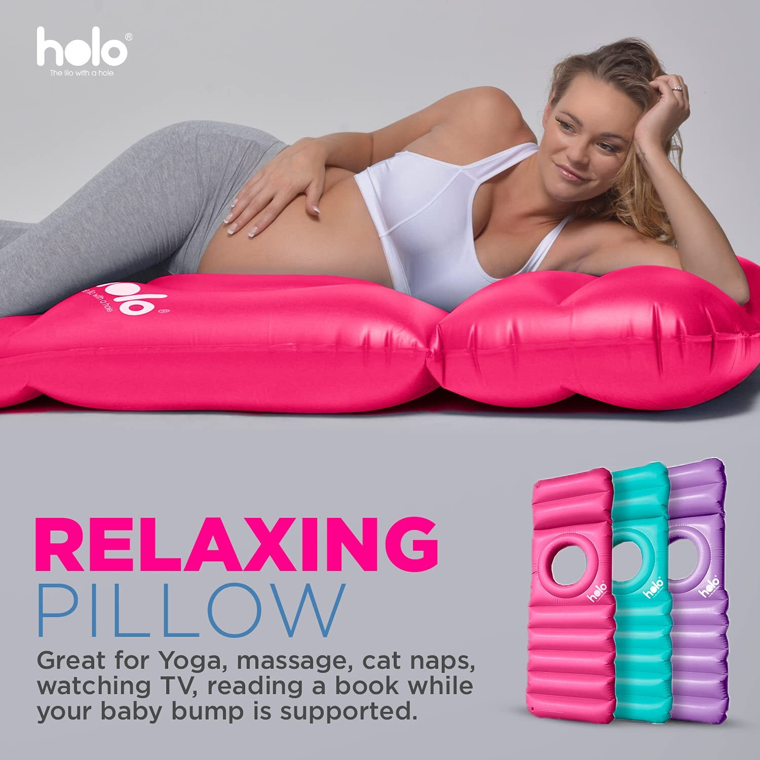 Holo The Original Inflatable Pregnancy Pillow - Full Body Maternity Airbed/Float With Hole For Tummy - For Ultimate Sleeping Support & Comfort - Say Goodbye To Pregnancy Related Aches And Pains (Pink)