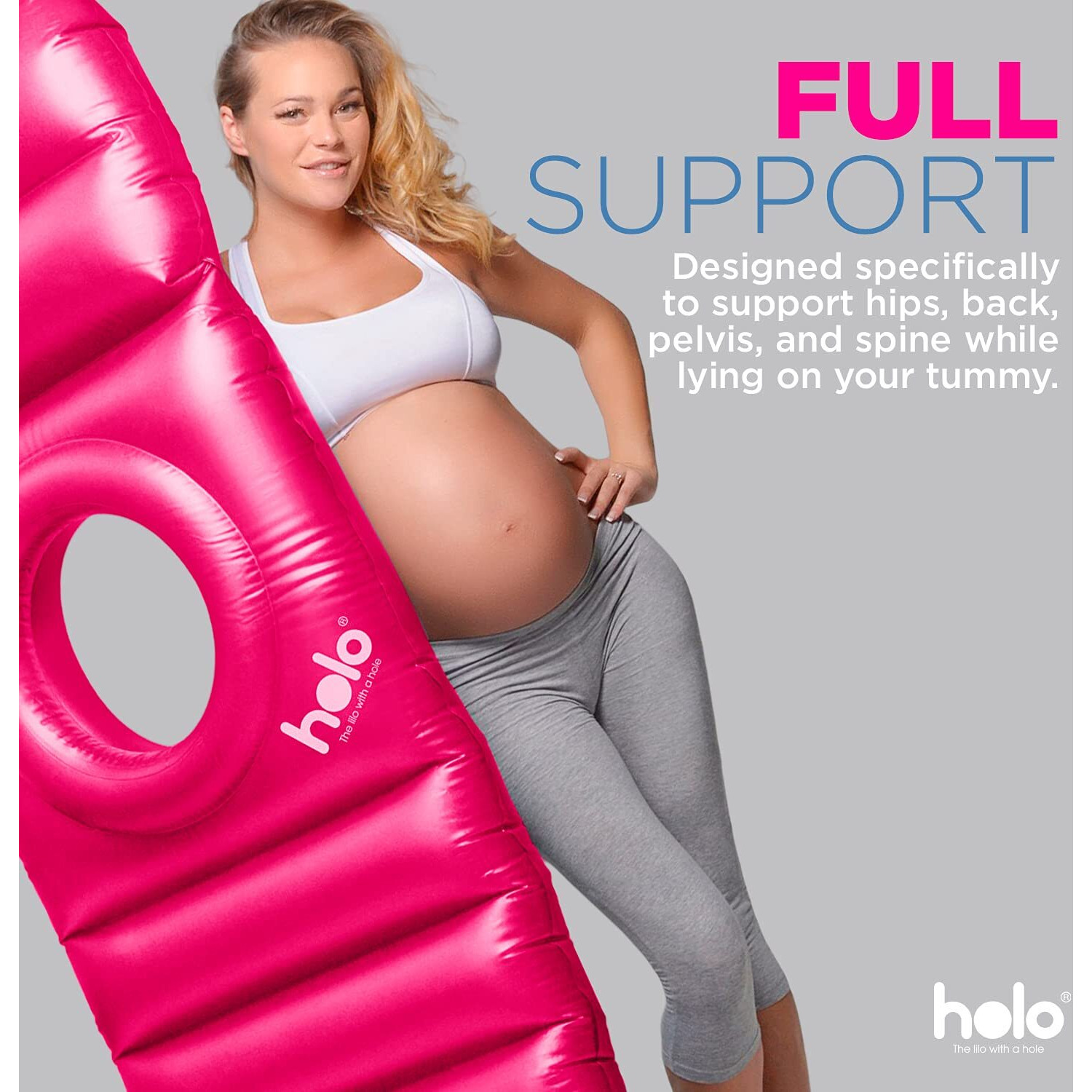Holo The Original Inflatable Pregnancy Pillow - Full Body Maternity Airbed/Float With Hole For Tummy - For Ultimate Sleeping Support & Comfort - Say Goodbye To Pregnancy Related Aches And Pains (Pink)