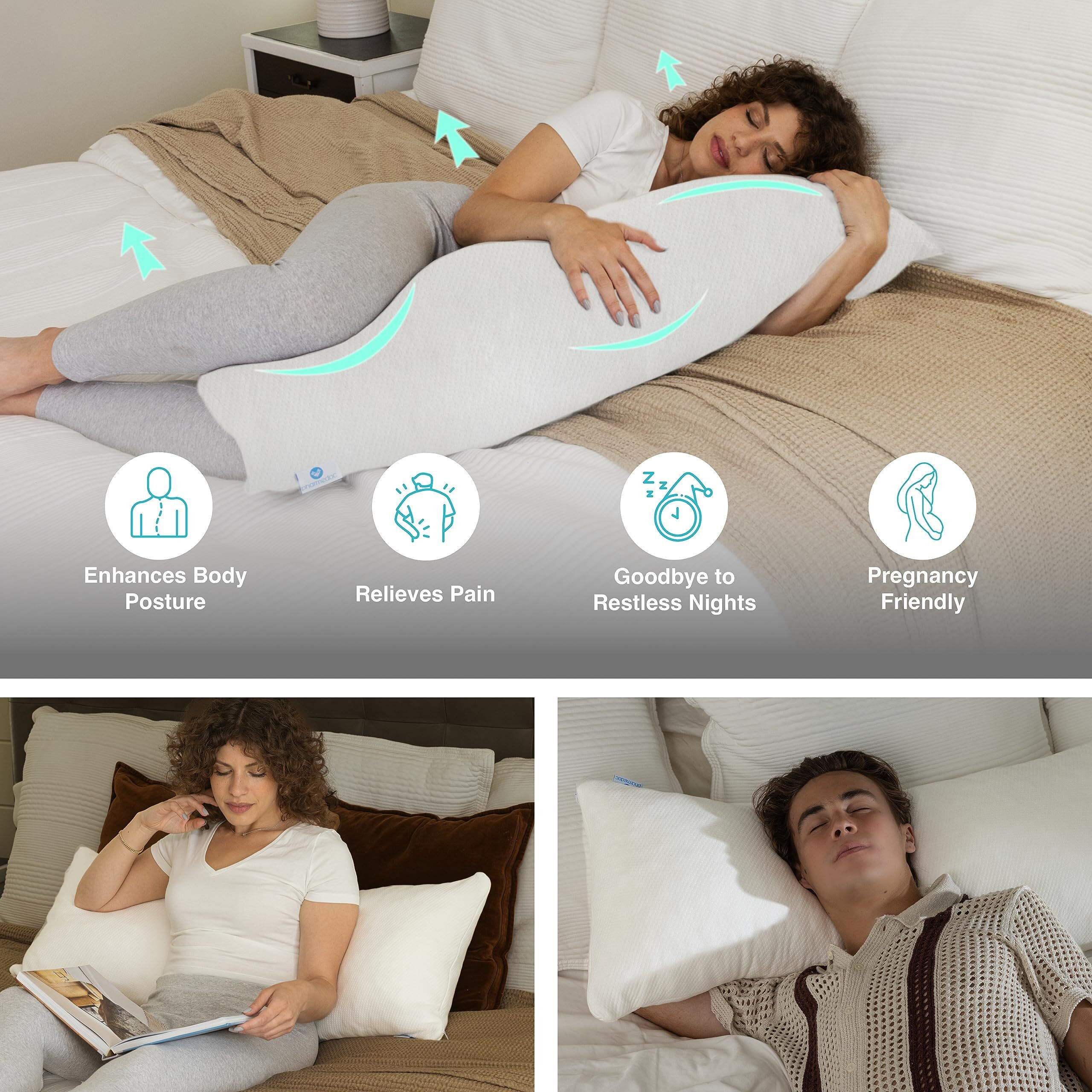Pharmedoc Body Pillow, Pregnancy Pillows, Side Sleeper Pillow, Long, Memory Foam Pillow, Air White