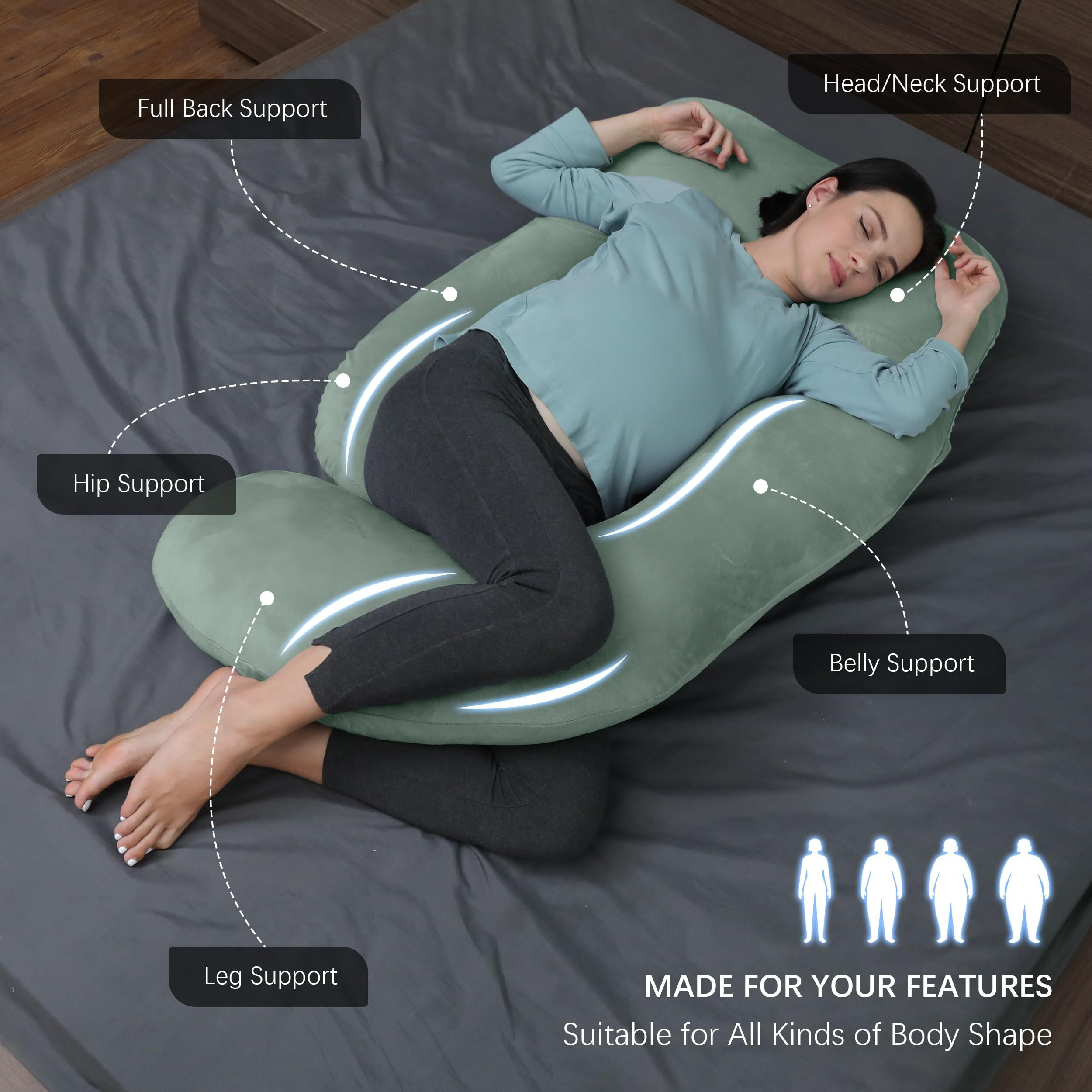 Moon Park Pregnancy Pillows For Sleeping - U Shaped Full Body Maternity Pillow With Removable Cover - Support For Back, Legs, Belly, Hips - 65 Inch - Green