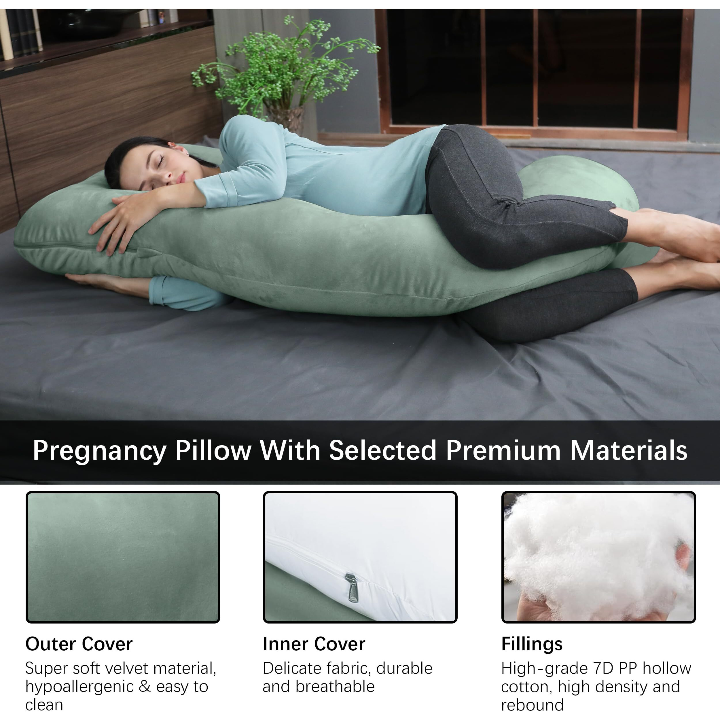 Moon Park Pregnancy Pillows For Sleeping - U Shaped Full Body Maternity Pillow With Removable Cover - Support For Back, Legs, Belly, Hips - 65 Inch - Green