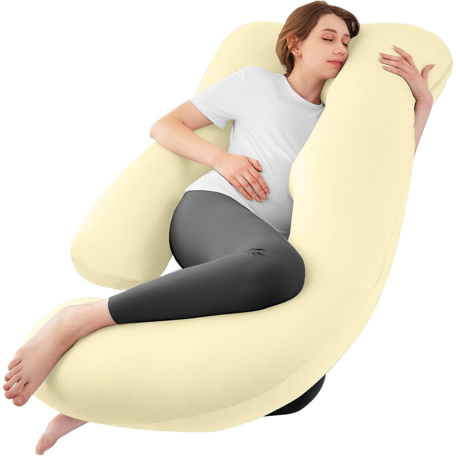Sasttie Pregnancy Pillows For Sleeping, Jumbo U Shaped Cooling Full Body Pillow With Removable Cover, Pregnant Women Must Haves, Maternity Essential, Light Yellow