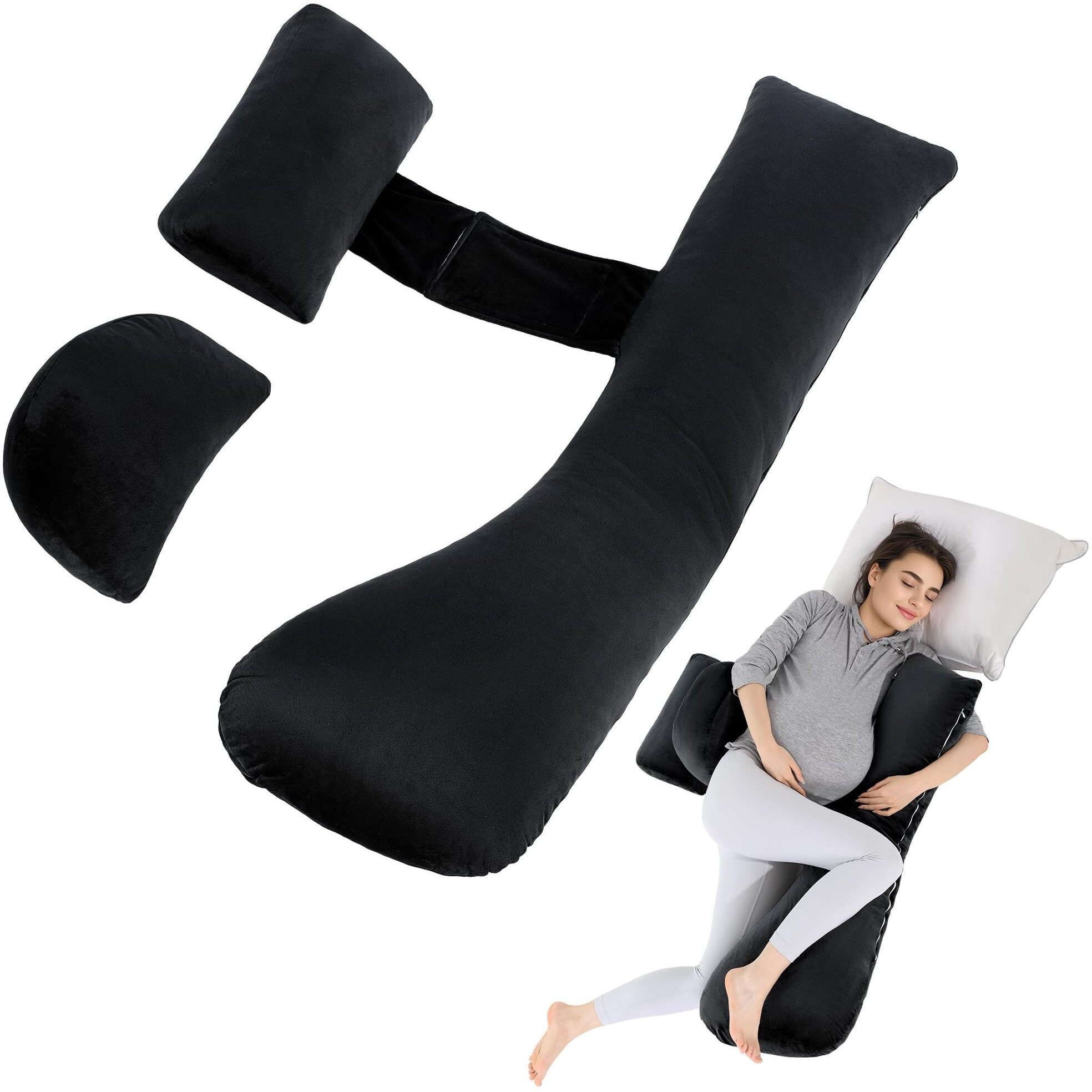 Hombys Shredded Memory Foam J Shaped Pregnancy Pillow, Maternity Pillow For Sleeping With Adjuable Wedge Cushion, Extra Soft Body Support For Pregnant Women (Black)