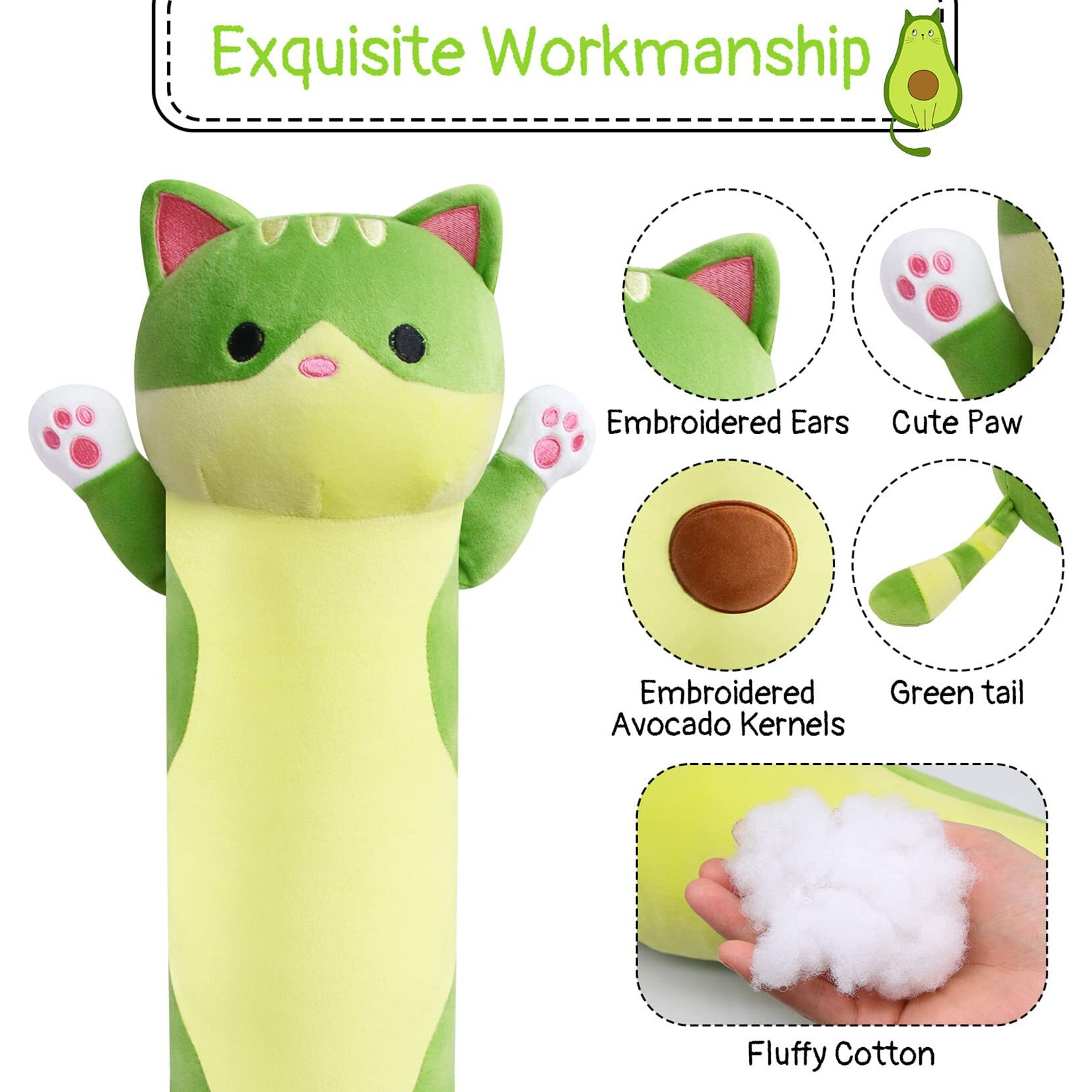Jerokumi Long Cat Plush Pillow, 43Inch Cute Long Avocado Cat Stuffed Animal, Soft Kitten Boby Hugging Pillow Gifts For Kids, Boys And Girls