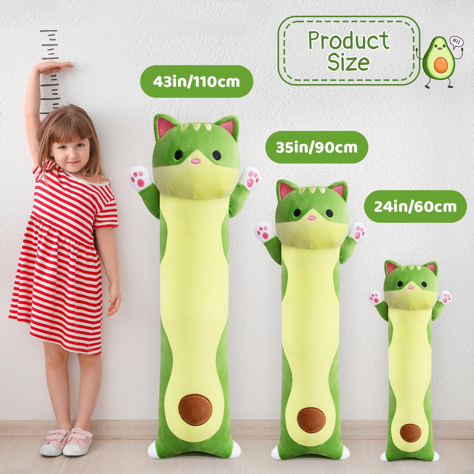 Jerokumi Long Cat Plush Pillow, 43Inch Cute Long Avocado Cat Stuffed Animal, Soft Kitten Boby Hugging Pillow Gifts For Kids, Boys And Girls