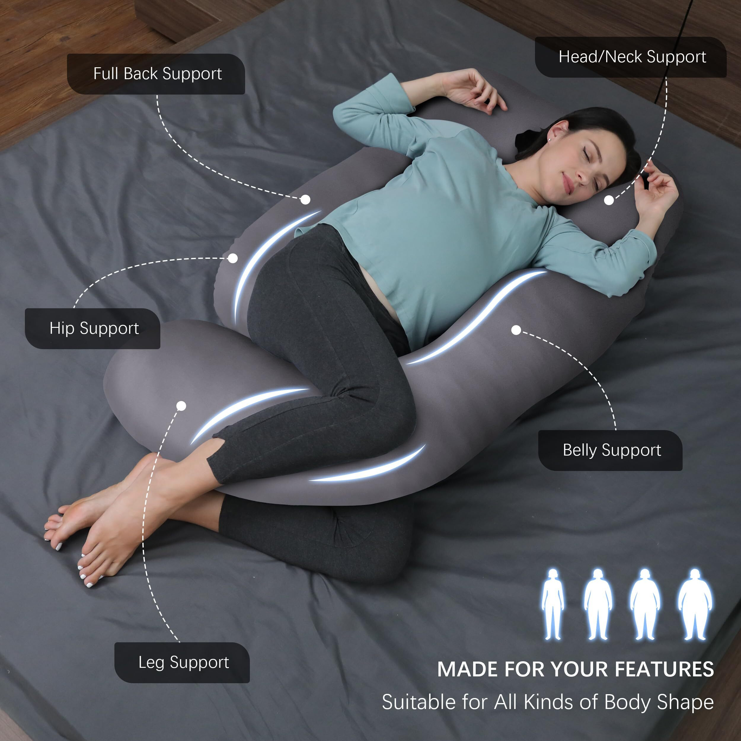 Moon Park Pregnancy Pillows For Sleeping - U Shaped Full Body Maternity Pillow With Removable Cover - Support For Back, Legs, Belly, Hips - 57 Inch - Dark Grey - Cooling Cover