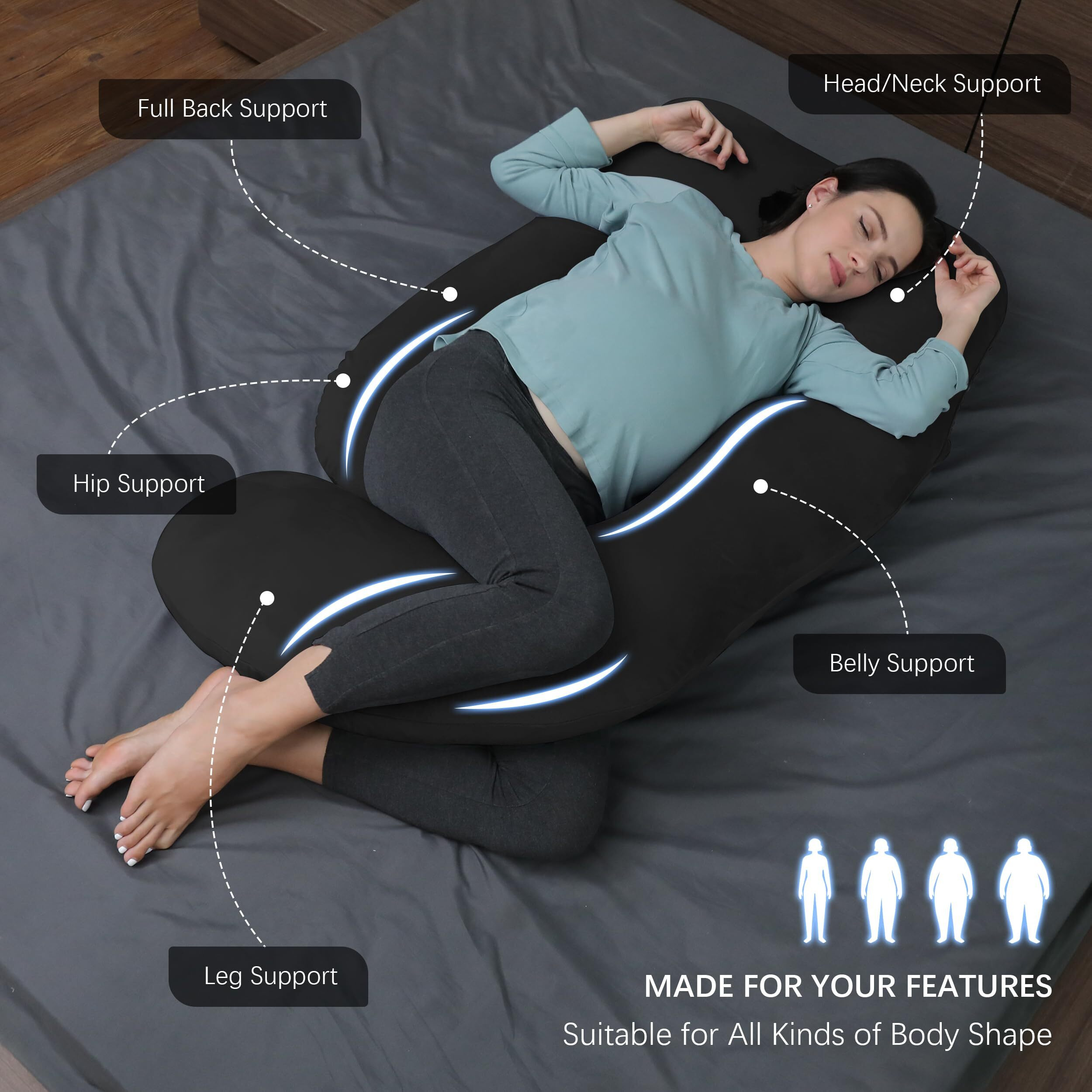 Moon Park Pregnancy Pillows For Sleeping - U Shaped Full Body Maternity Pillow With Removable Cover - Support For Back, Legs, Belly, Hips - 65 Inch - Black