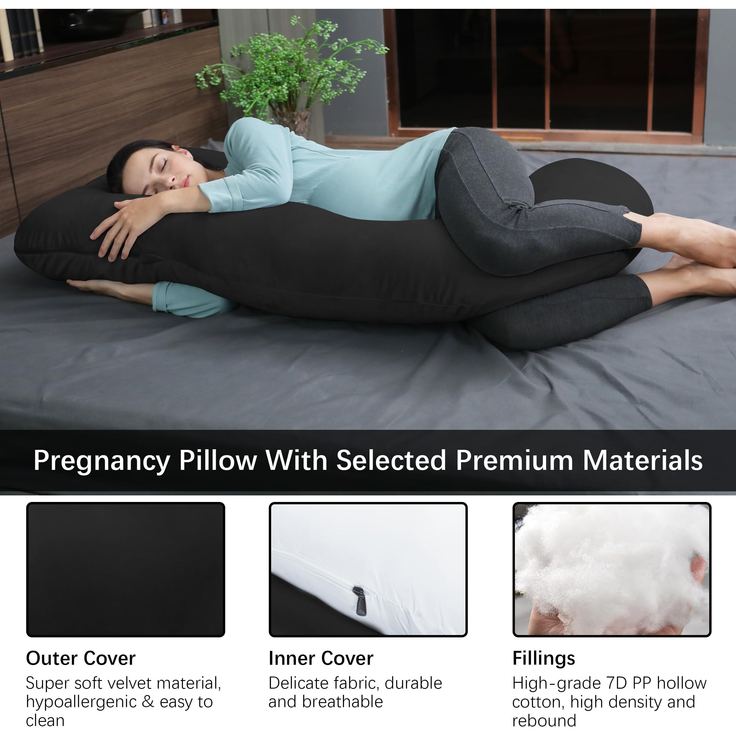 Moon Park Pregnancy Pillows For Sleeping - U Shaped Full Body Maternity Pillow With Removable Cover - Support For Back, Legs, Belly, Hips - 65 Inch - Black