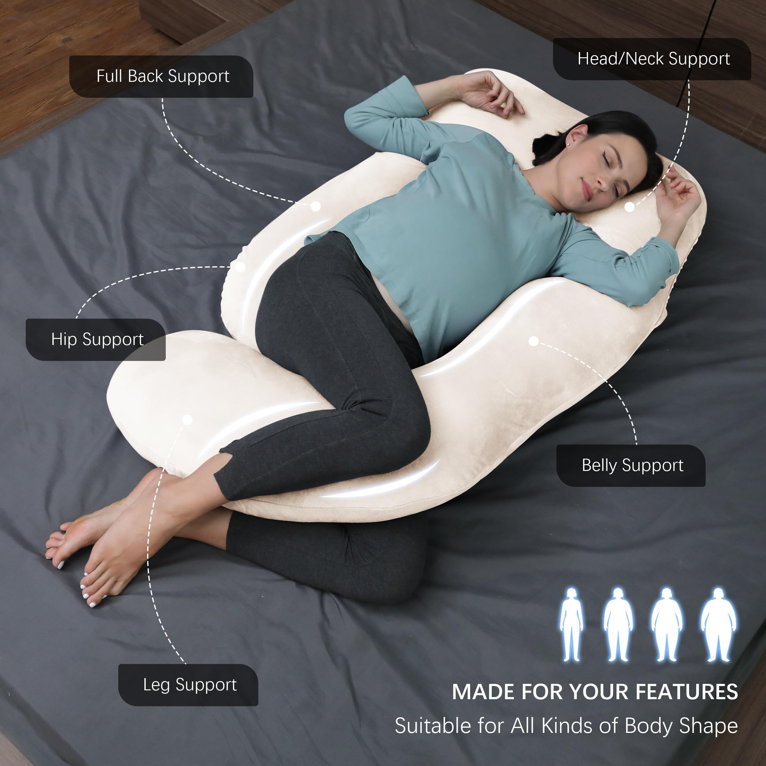 Moon Park Pregnancy Pillows For Sleeping - U Shaped Full Body Maternity Pillow With Removable Cover - Support For Back, Legs, Belly, Hips - 65 Inch - Ivory