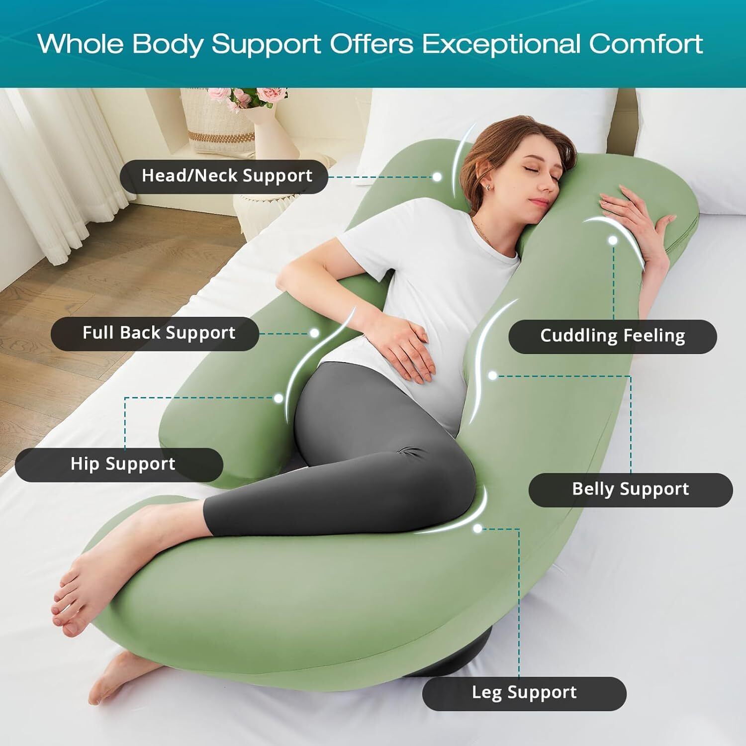 Sasttie Pregnancy Pillows For Sleeping, Jumbo U Shaped Cooling Full Body Pillow With Removable Cover, Pregnant Women Must Haves, Maternity Essential, Green