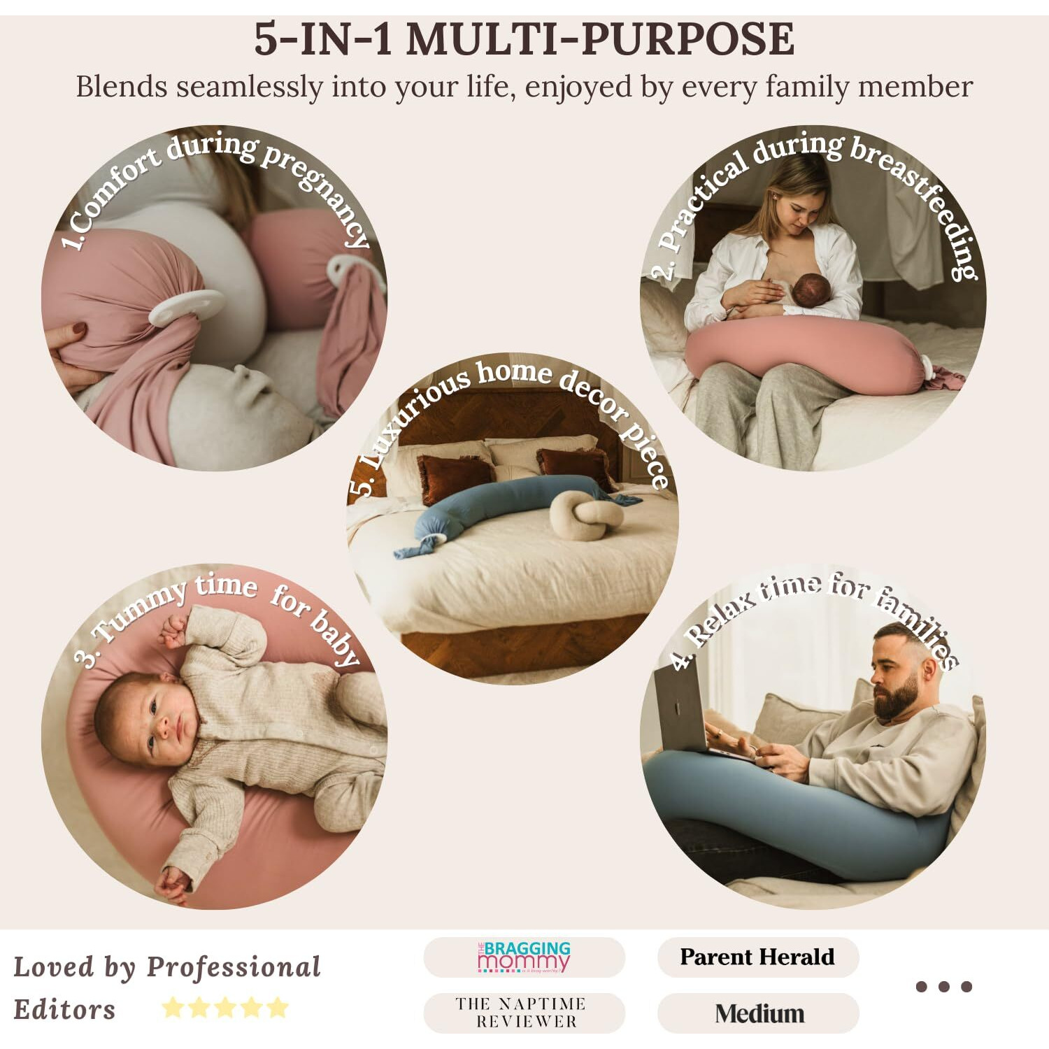 Cuddobaby Pregnancy Pillow 5-In-1 Cooling Cover, Adjustable Firmness Patented Lock Design, Turn Into O-Shape Nursing Pillow, 5-Point Full Body Support, Maternity Pillow With Travel Bag - Blue
