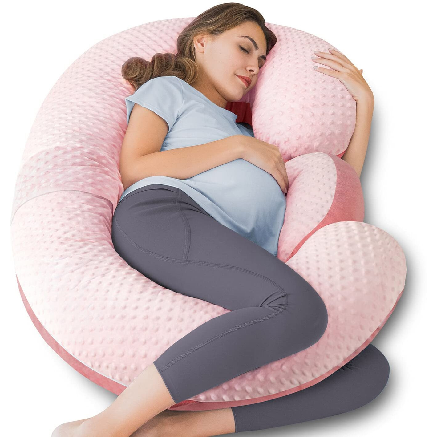 Queen Rose Pregnancy Pillows - E Shaped Pregnancy Pillows For Sleeping, Detachable Body Pillow For Pregnant Side Sleeper, Pink Velvet, 60In