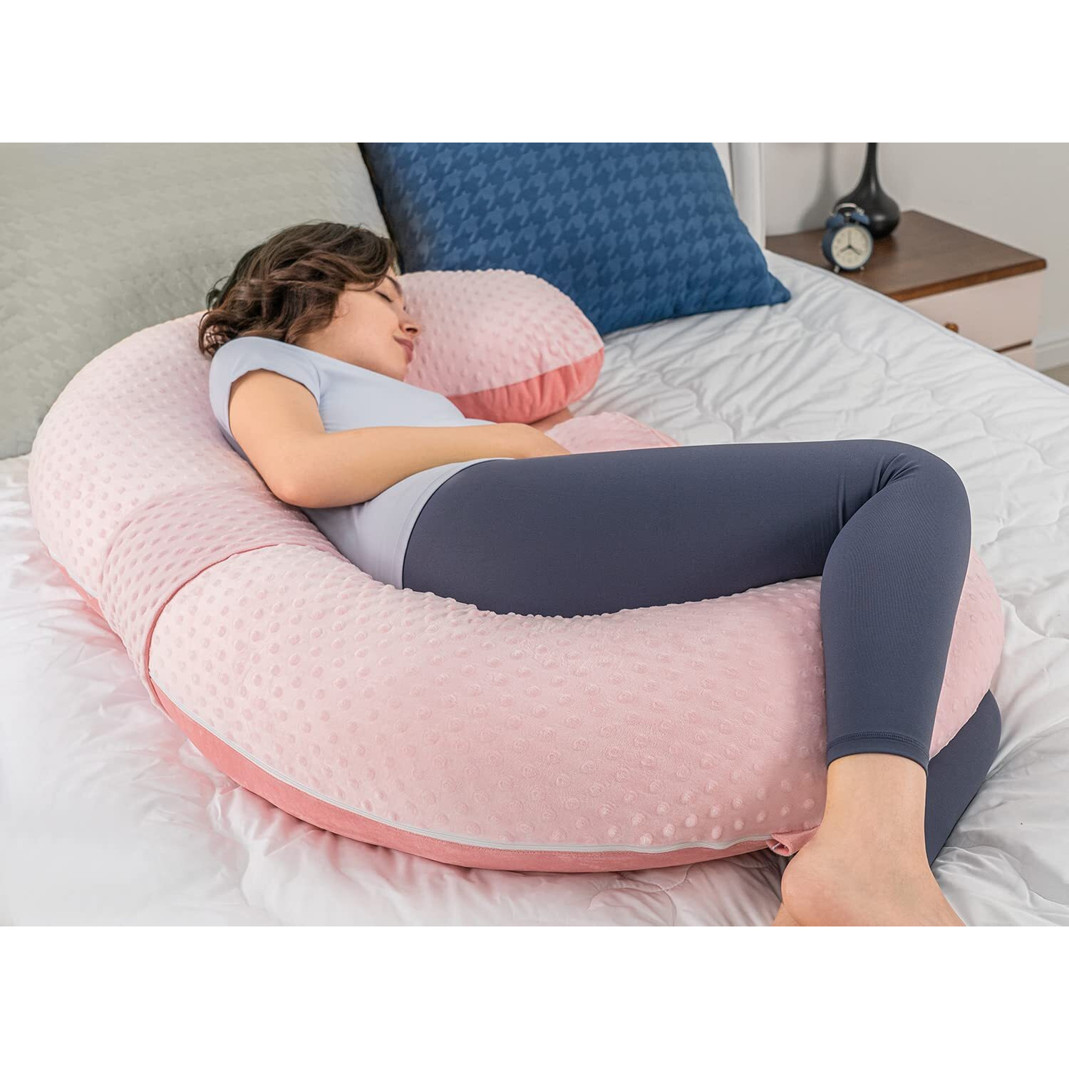 Queen Rose Pregnancy Pillows - E Shaped Pregnancy Pillows For Sleeping, Detachable Body Pillow For Pregnant Side Sleeper, Pink Velvet, 60In