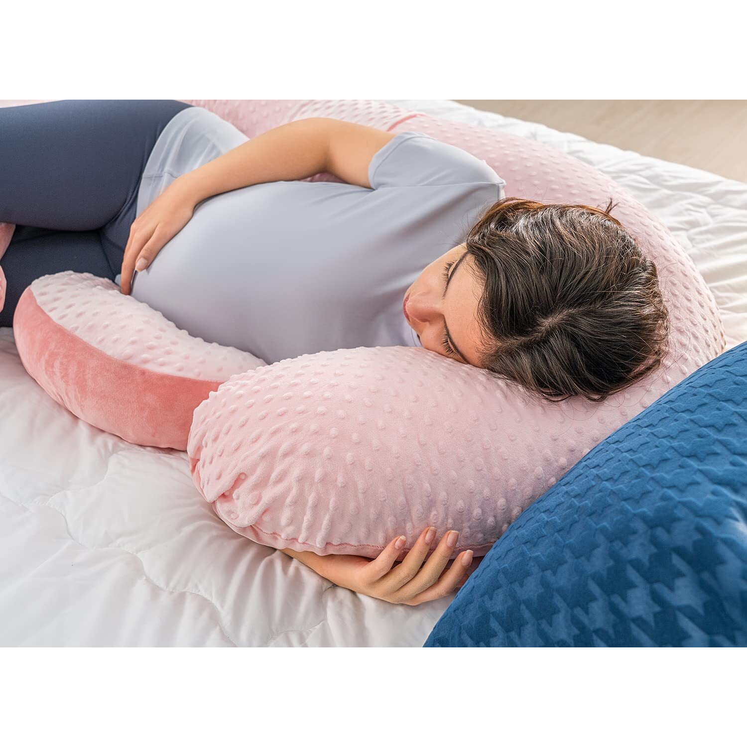 Queen Rose Pregnancy Pillows - E Shaped Pregnancy Pillows For Sleeping, Detachable Body Pillow For Pregnant Side Sleeper, Pink Velvet, 60In