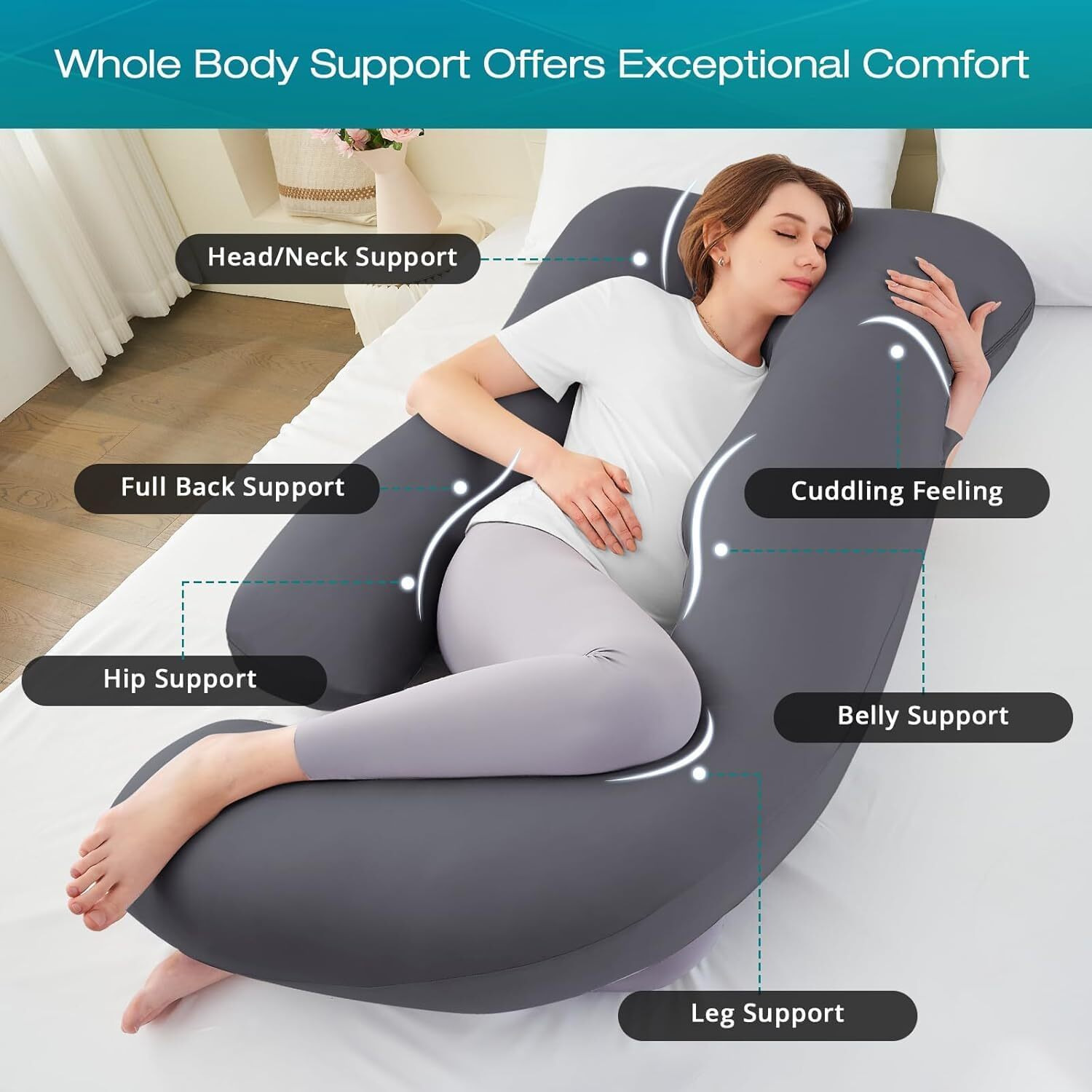 Sasttie Pregnancy Pillows For Sleeping, Jumbo U Shaped Cooling Full Body Pillow With Removable Cover, Pregnant Women Must Haves, Maternity Essential, Dark Grey