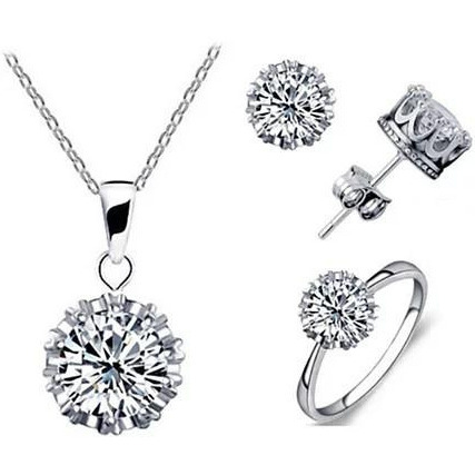 Tiara Set Of 4 Necklace Pendant Ring And Stud Earrings In Silver Plated Crown Setting