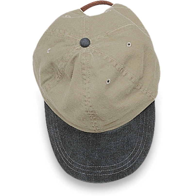 LP102 | OPTIMUM-KHAKI W/CONTRAST BILL- Pigment dyed, garment washed cotton twill, six panel, low profile, unstructured cap with Contrast Color Visor, Adams Cool-Crown mesh lining and leather strap closure with antique brass buckle and grommet.  - KHAKI/BLACK