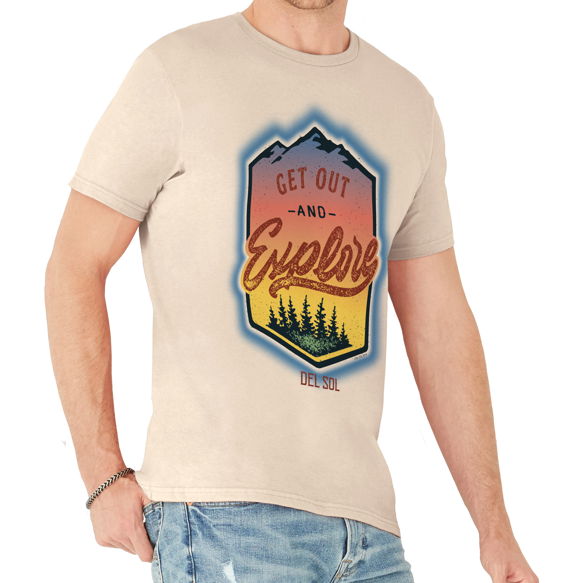 Men Crew Tee - Get Out And Explore - Beige by DelSol for Men - 1 Pc T-Shirt (Medium)