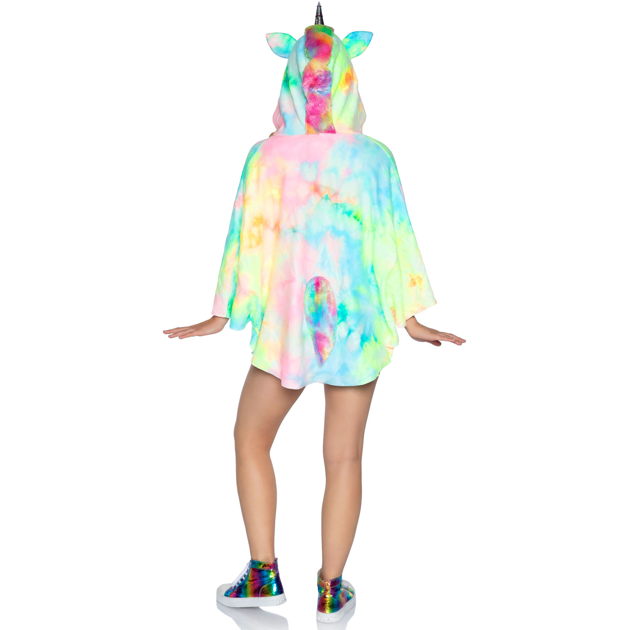 Unicorn Poncho, features tie dye poncho with fur mane and tail and unicorn horn hood.