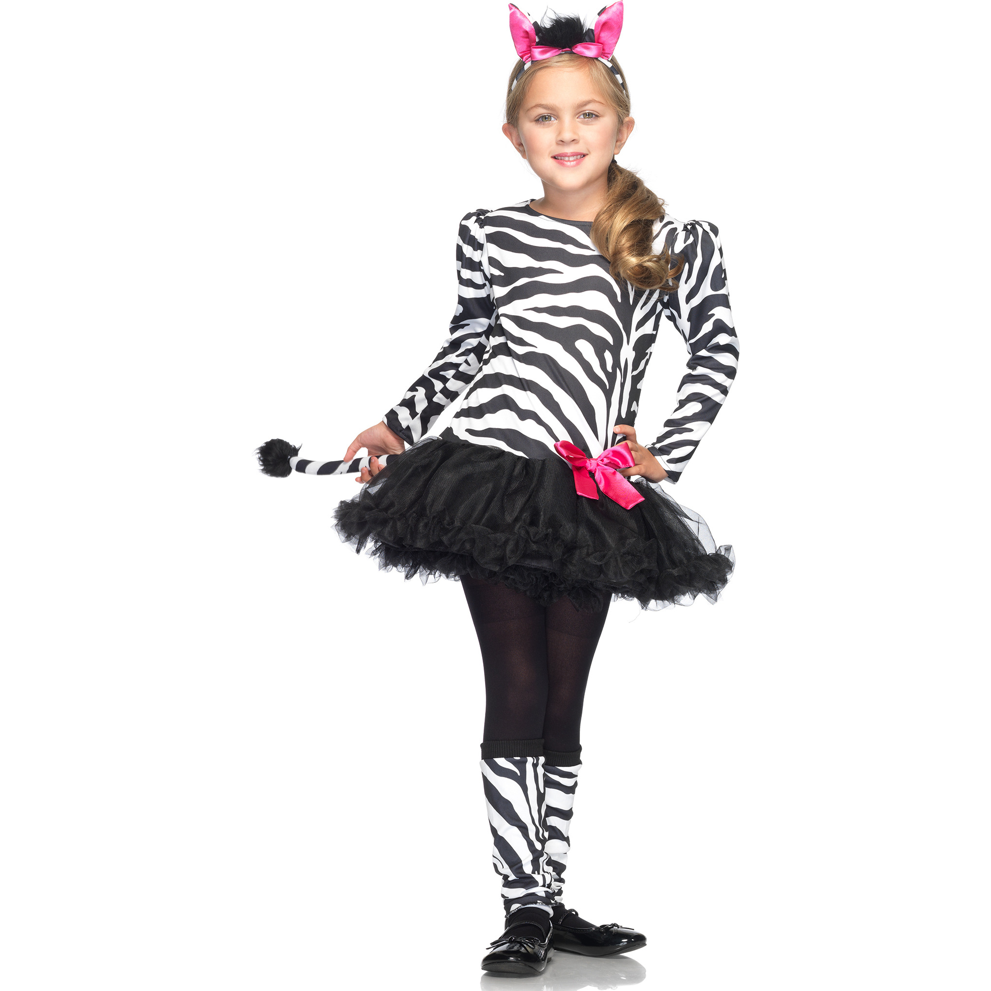 3PC.Little Zebra,petticoat dress w/tail,leg warmers,ear headband XS BLACK/WHITE