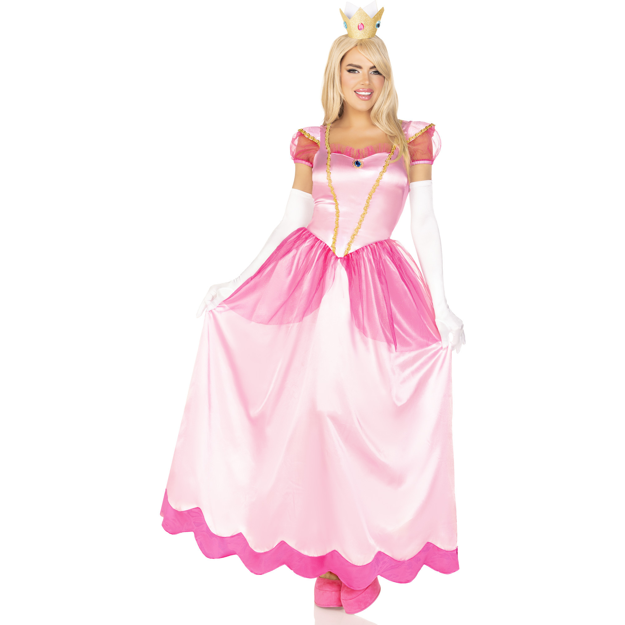 2PC.Classic Pink Princess,long satin gown and crown headband SMALL PINK