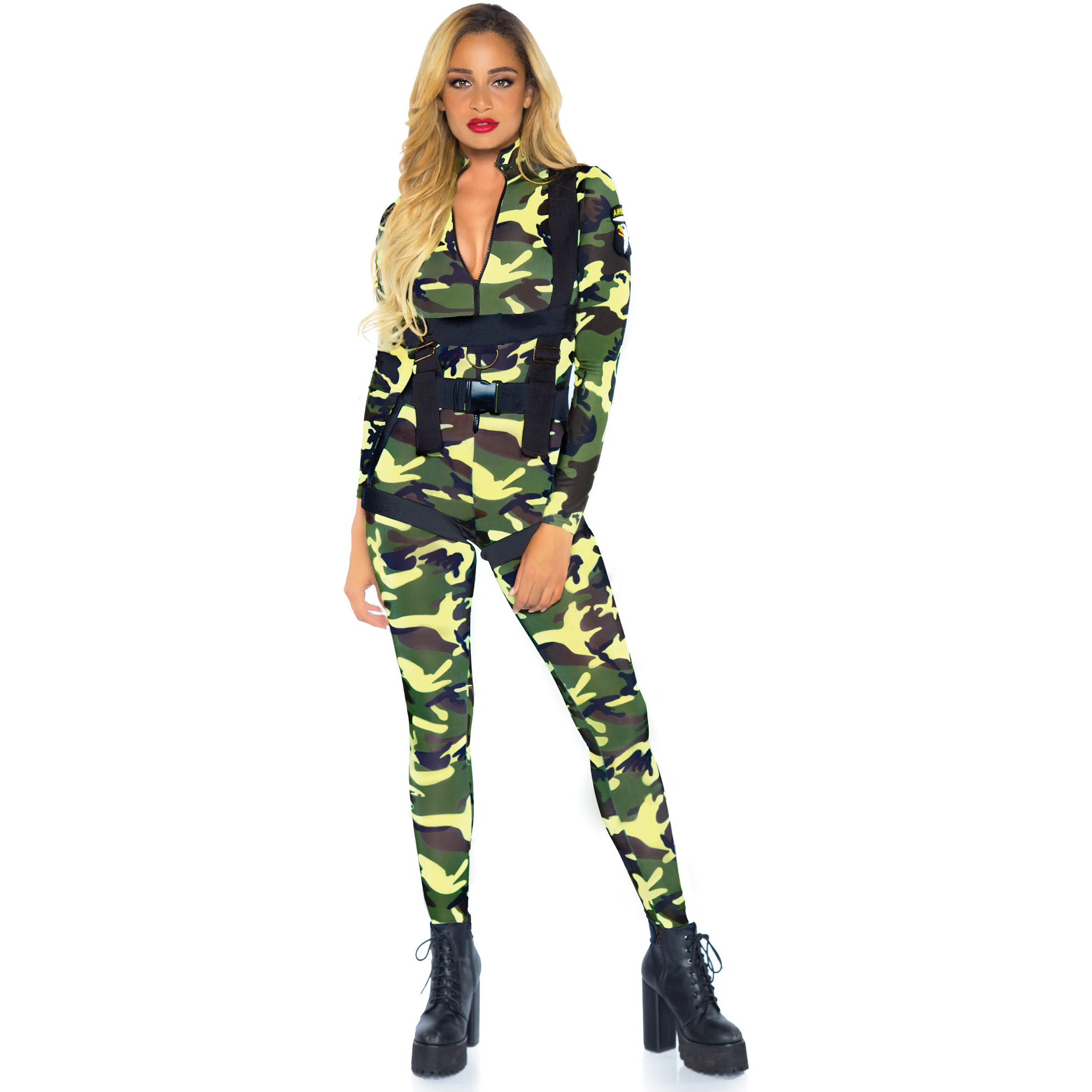 2PC.Pretty Paratrooper zipper front camo jumpsuit and body harness LARGE CAMO