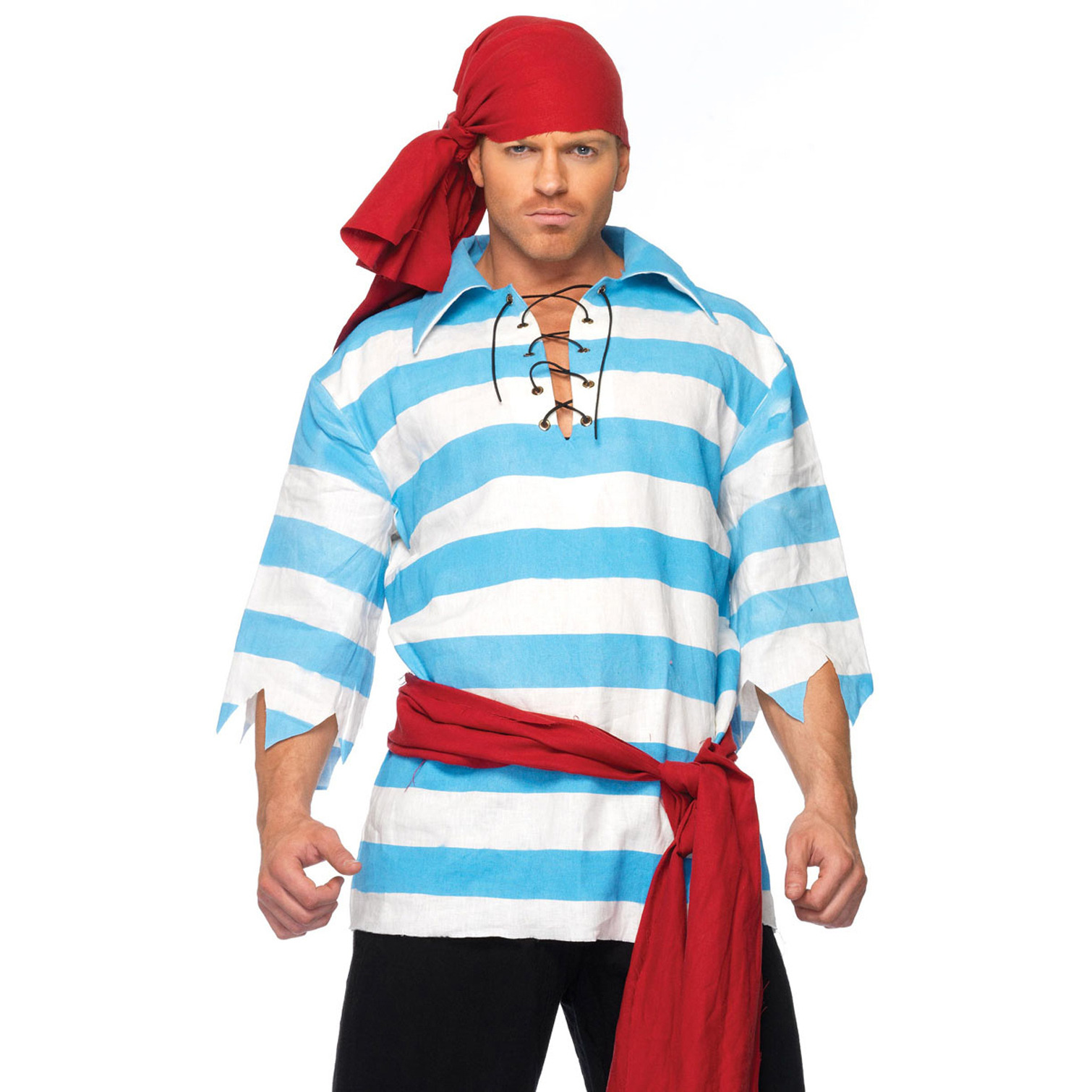 4PC.Pillaging Pirate,striped shirt,tattered pants,sash,head scarf X-LARGE BLUE/WHITE