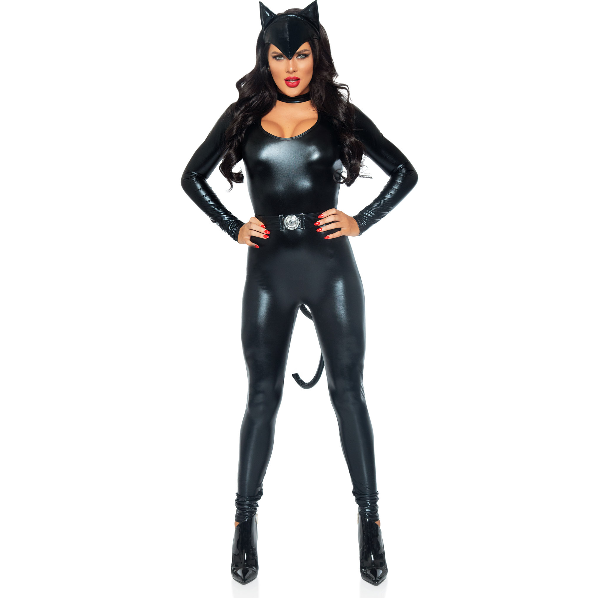 3PC.Frisky Feline keyhole catsuit w/attached tail belt  ear headband LARGE BLACK