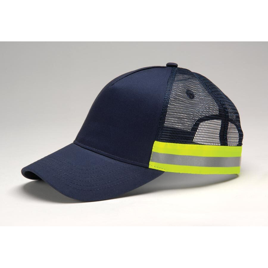 TR102 | TRUCKER REFLECTOR- Cotton twill, six panel, structured, mid-profile, high visibility contrast color taping with reflective grey center stripe along bottom side panels, mesh back, snap back- HI-VIS NAVY