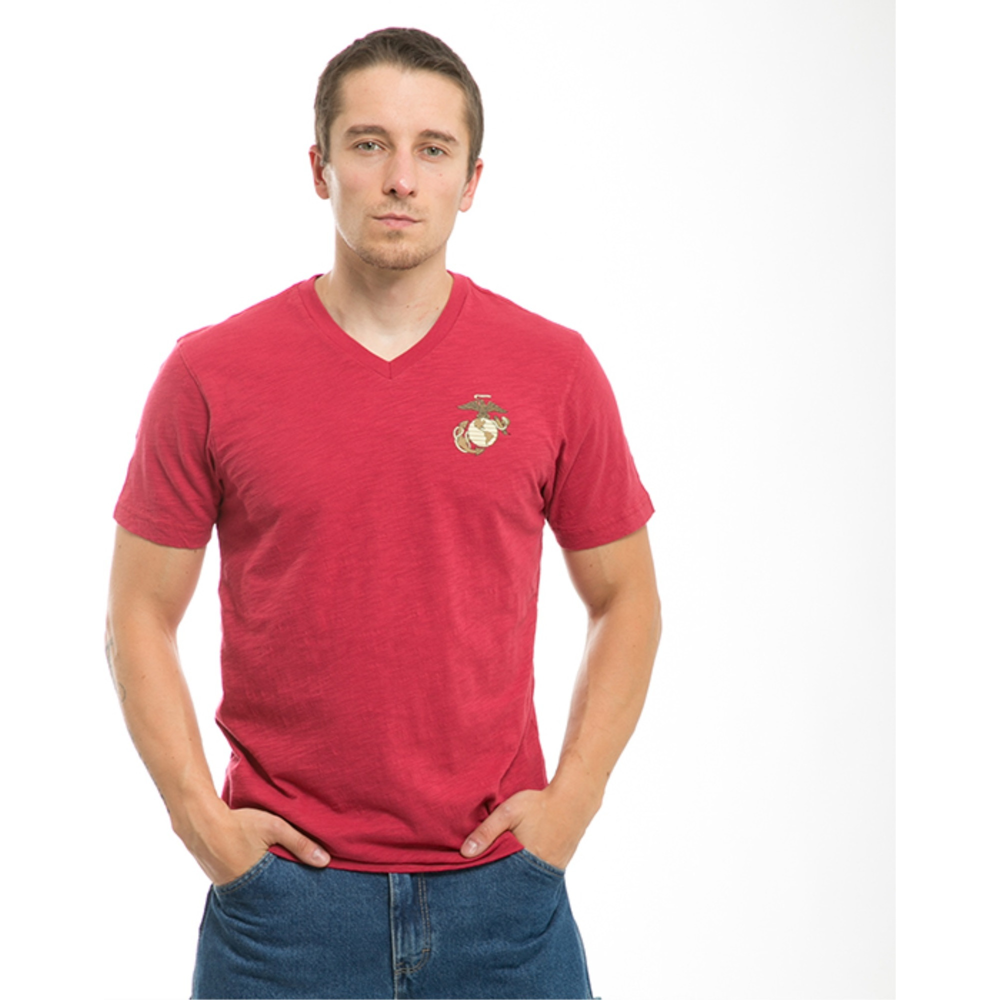 Military V-Neck Tee, Marine,Cardinal, 2X