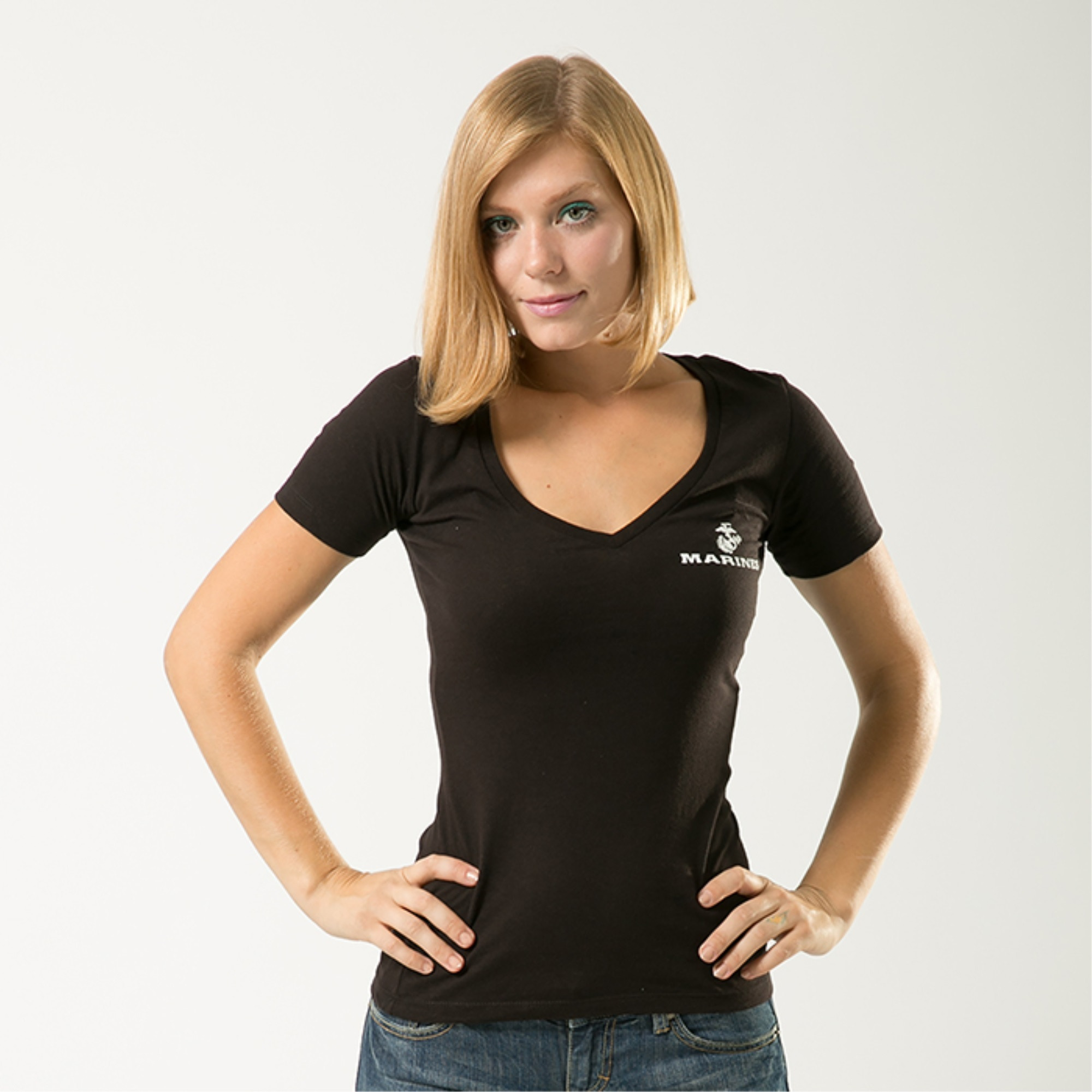 Women's V-Neck Tees, Marines, Black, S